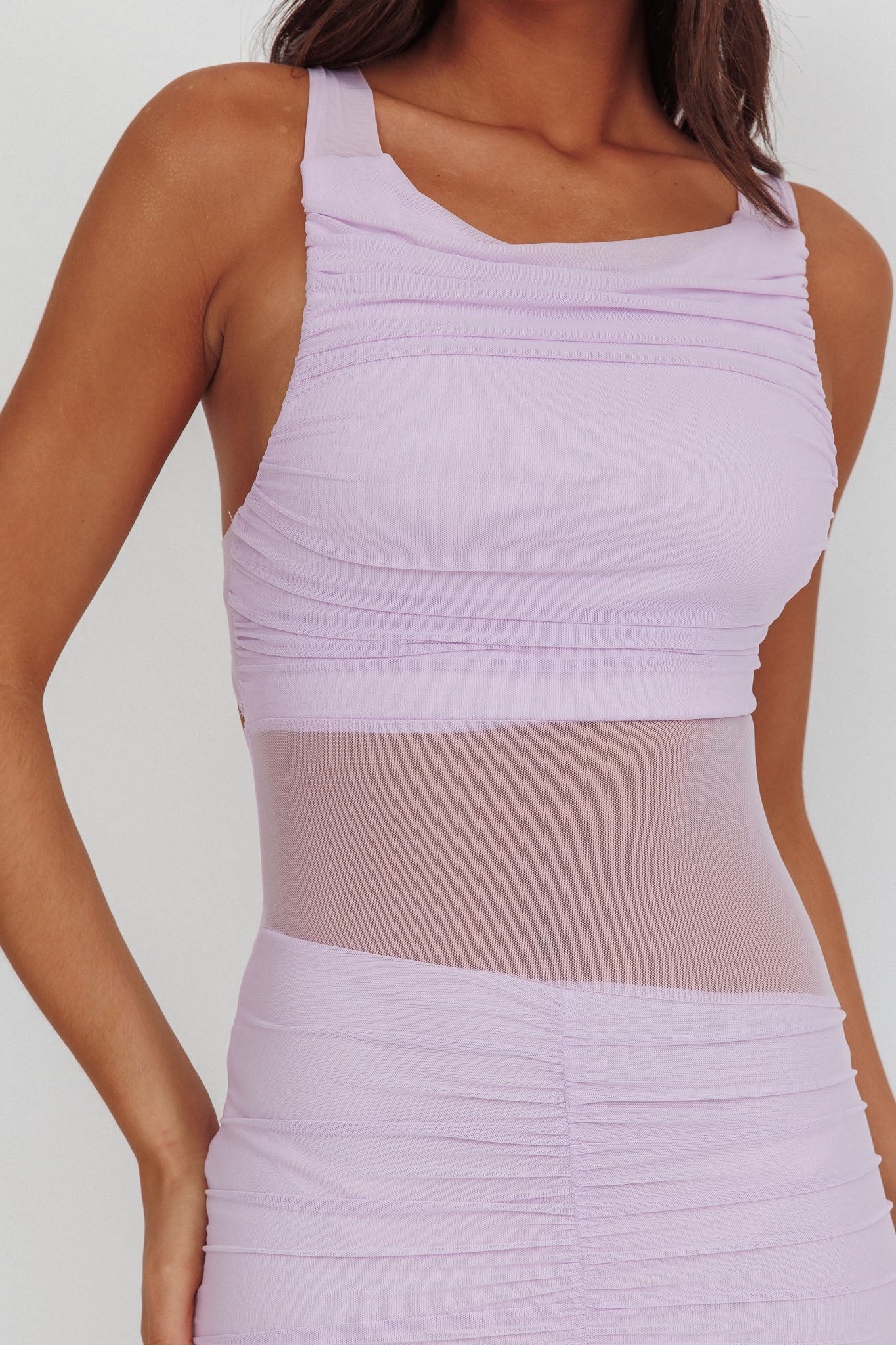 Sade Sheer Panel Ruched Maxi Dress Lilac-Maymioy