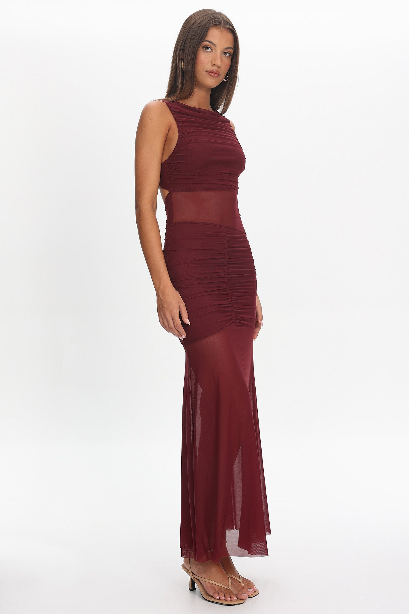 Sade Sheer Panel Ruched Maxi Dress Wine-Maymioy