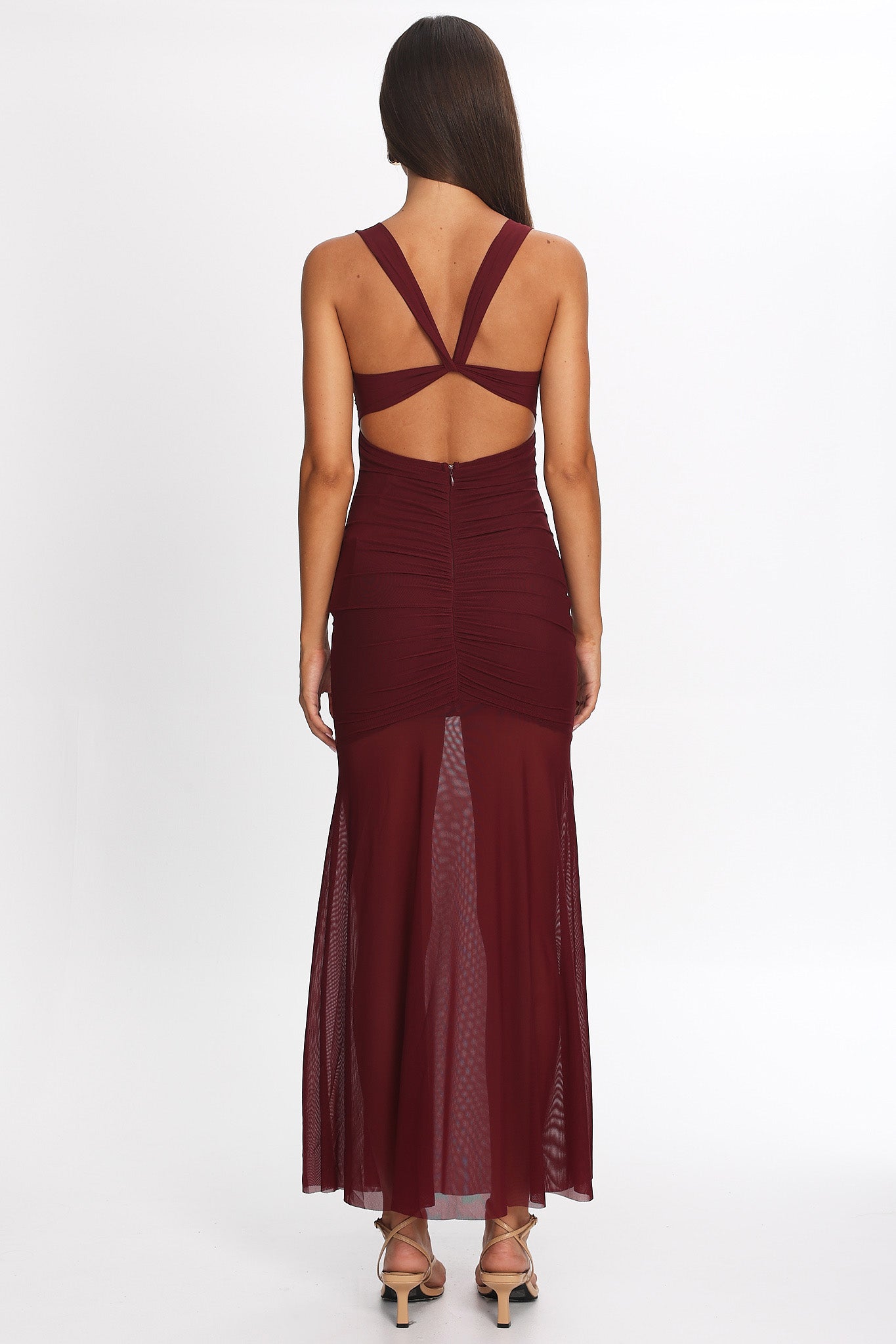Sade Sheer Panel Ruched Maxi Dress Wine-Maymioy