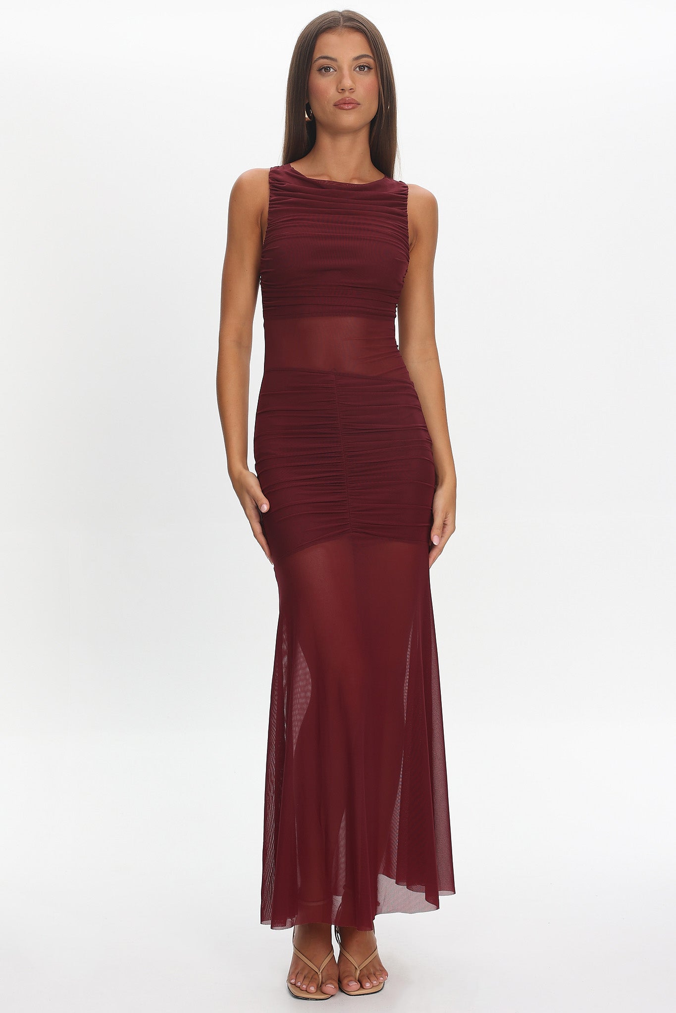Sade Sheer Panel Ruched Maxi Dress Wine-Maymioy