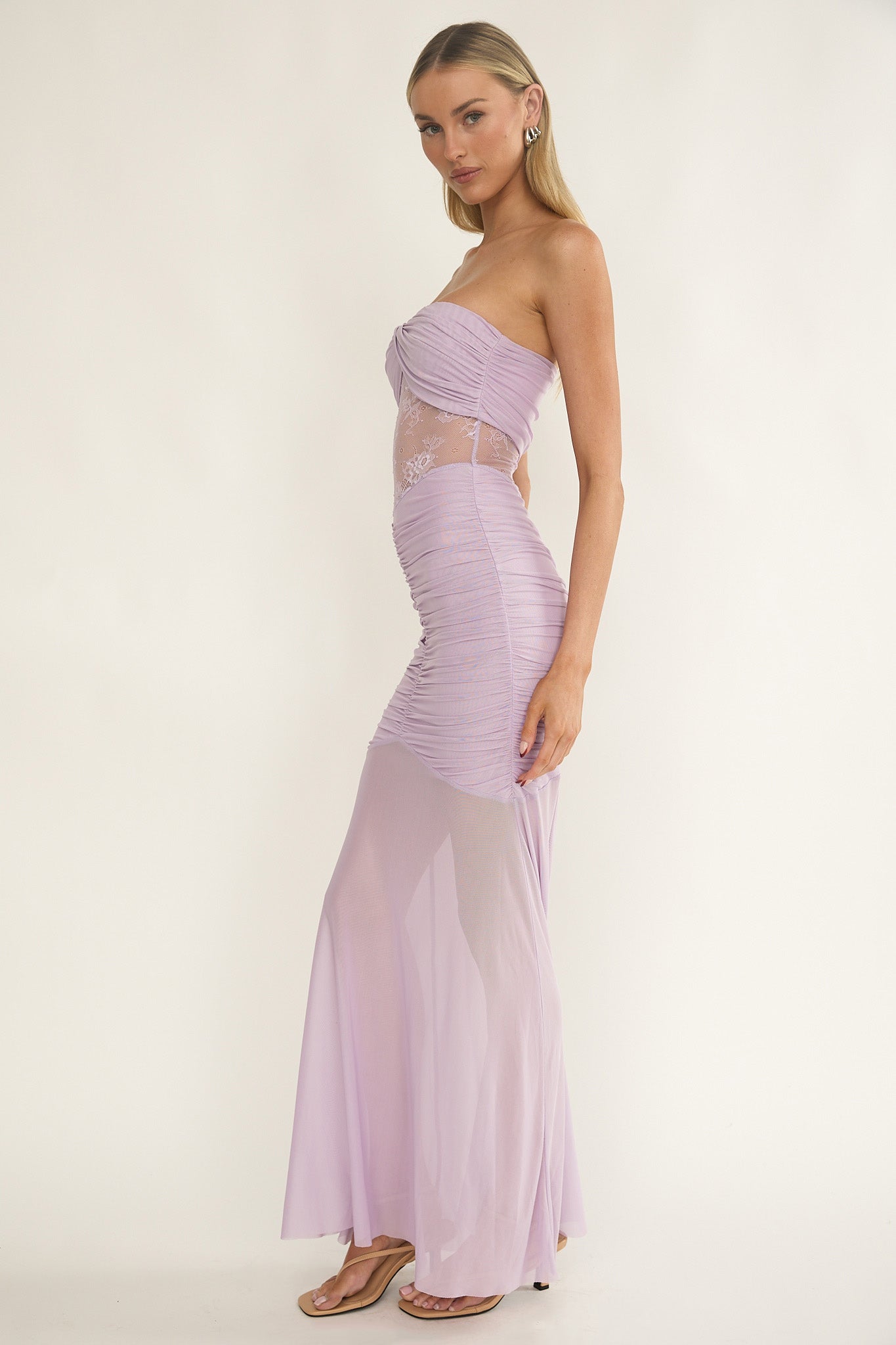 Sade Strapless Sheer Panel Ruched Maxi Dress Lilac-Maymioy