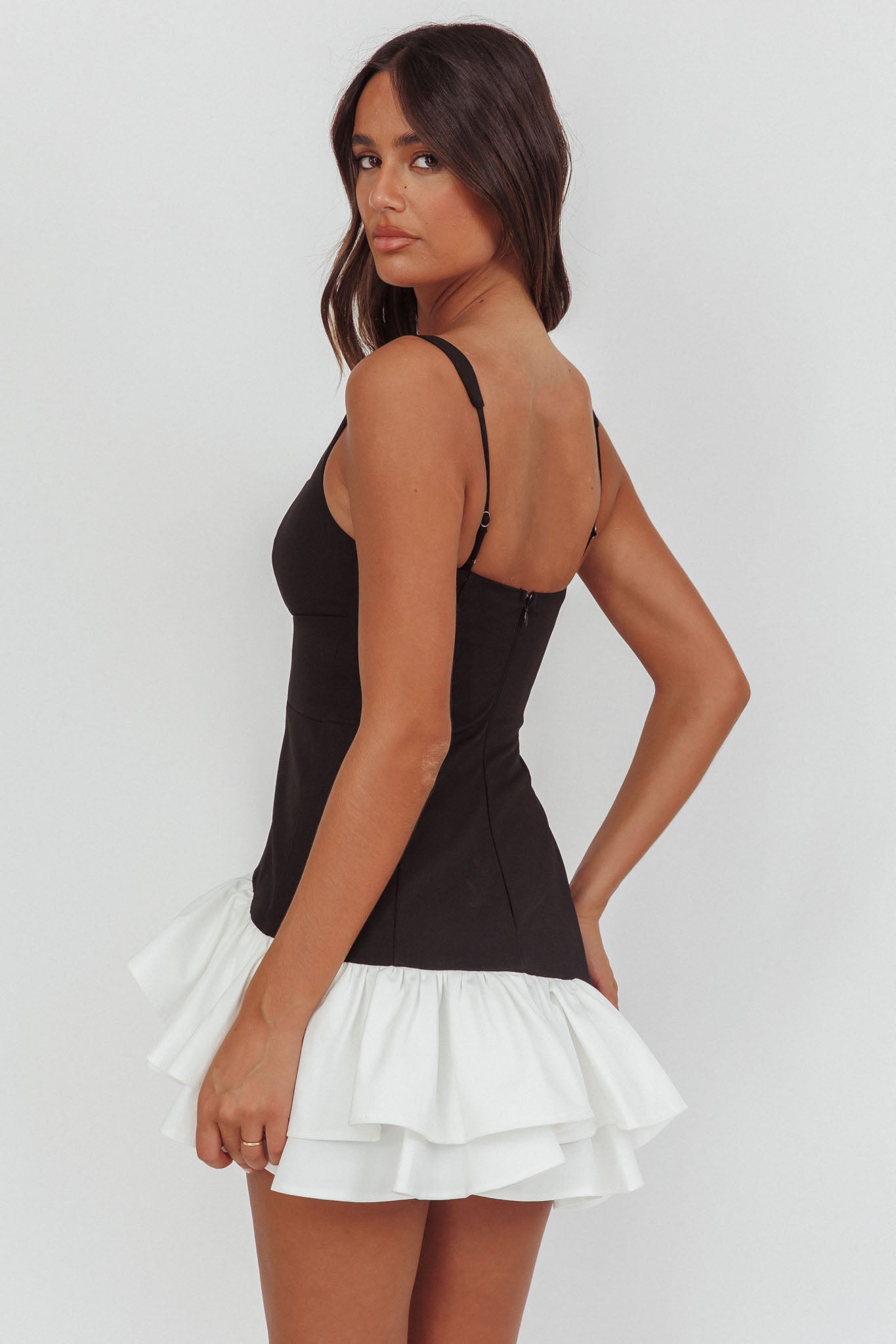 Romantic Layered Frill Mini Dress Black-Maymioy