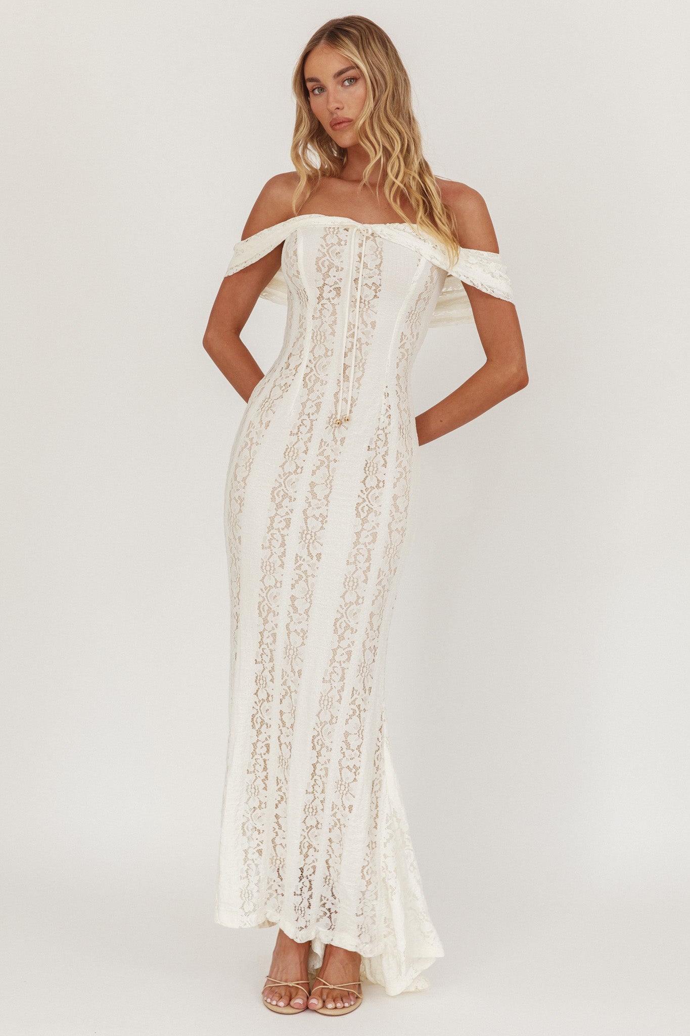 Enigma Off-Shoulder Maxi Dress Lace Cream-Maymioy