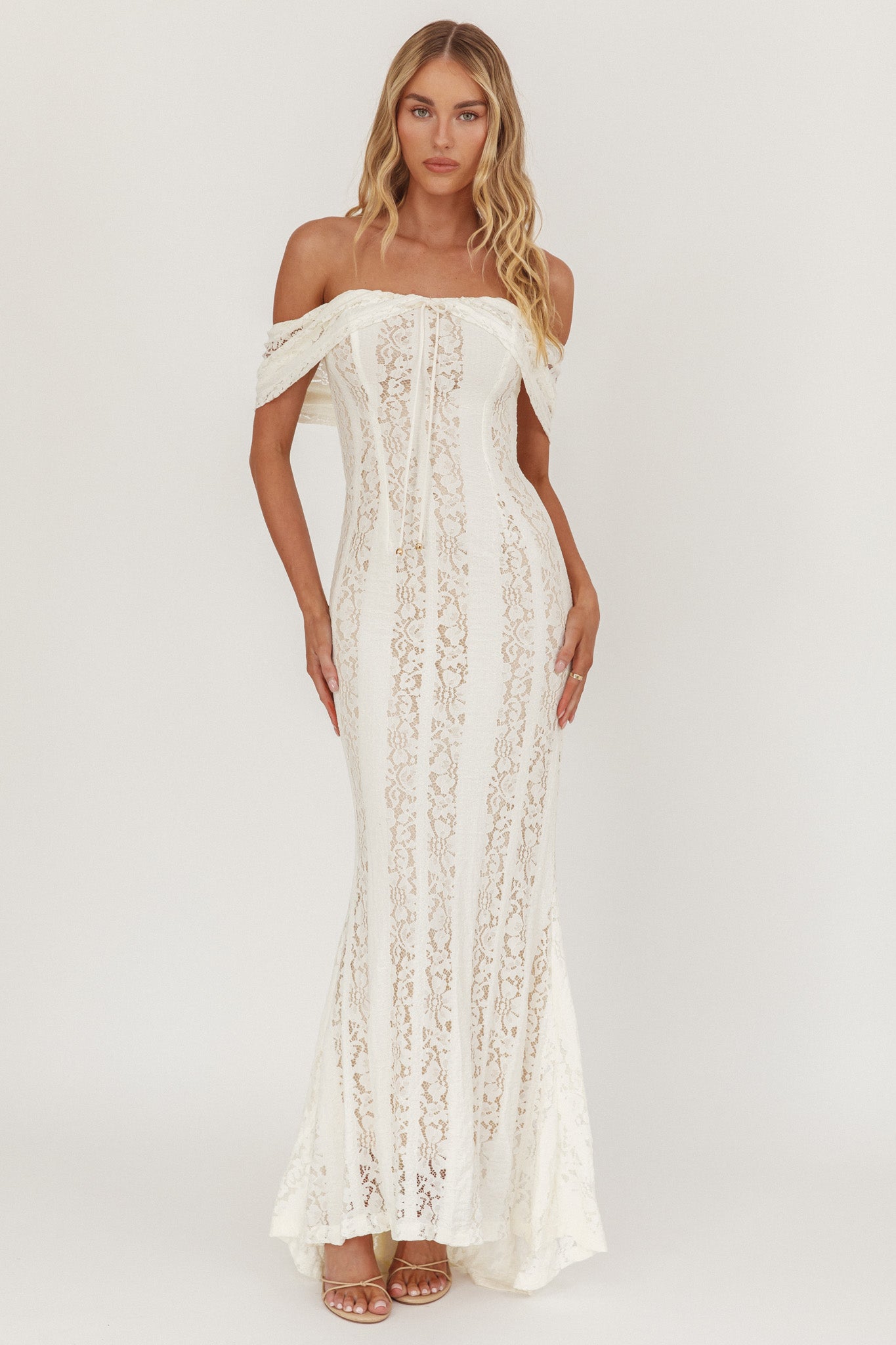 Enigma Off-Shoulder Maxi Dress Lace Cream-Maymioy