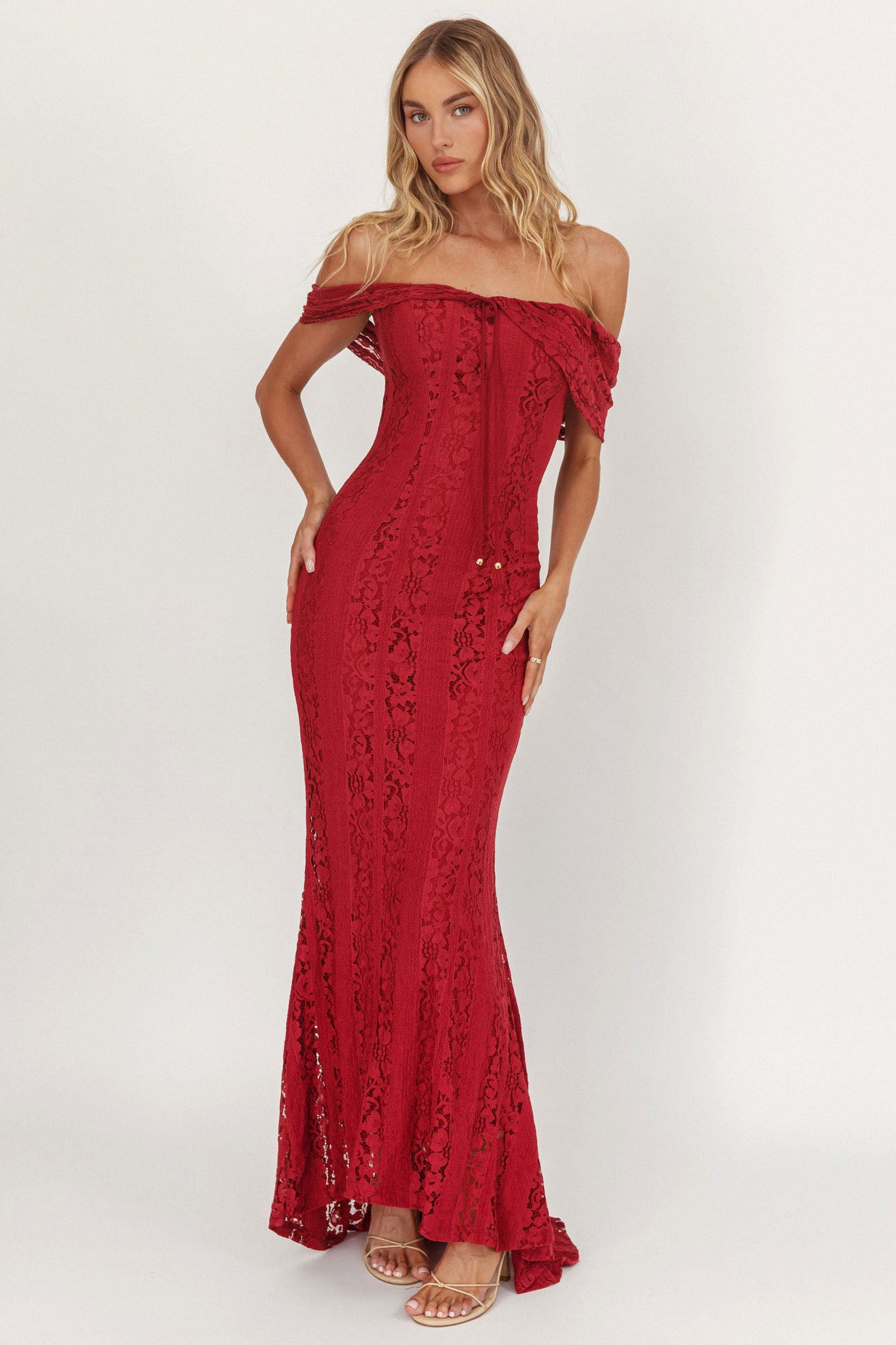 Enigma Off-Shoulder Maxi Dress Lace Wine-Maymioy