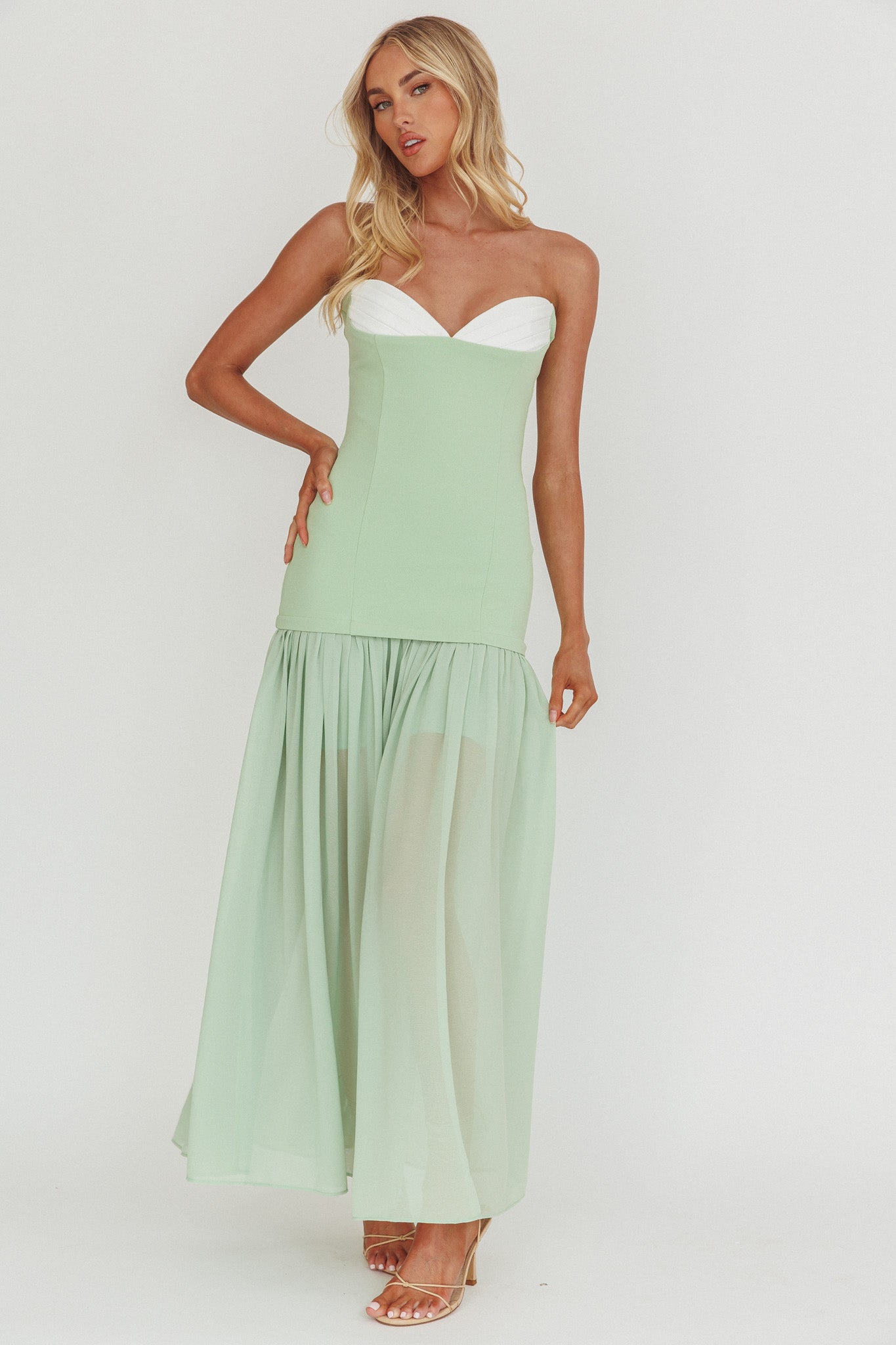 Unspoken Sweetheart Neckline Sheer Hem Maxi Dress Sage-Maymioy