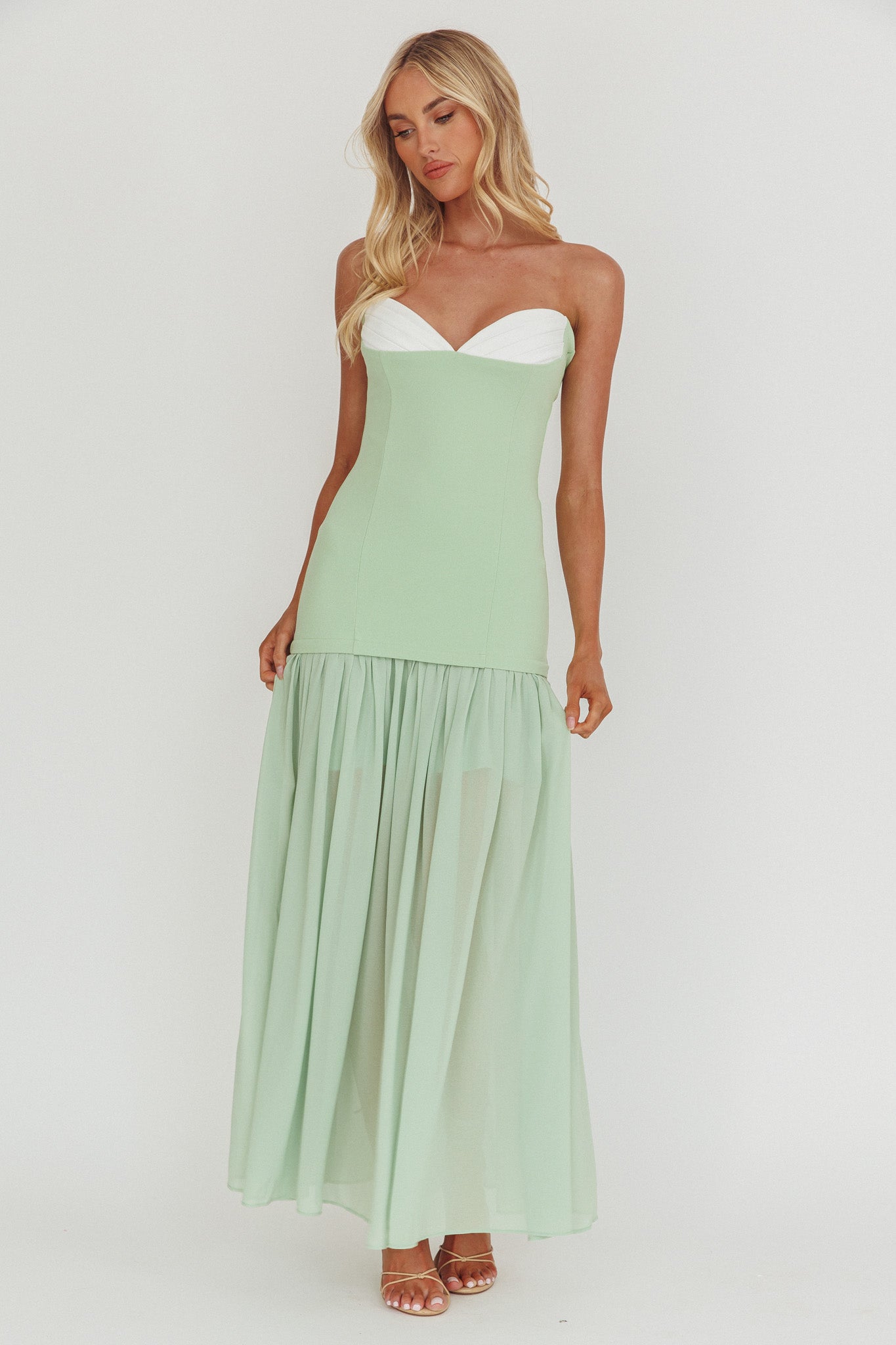 Unspoken Sweetheart Neckline Sheer Hem Maxi Dress Sage-Maymioy
