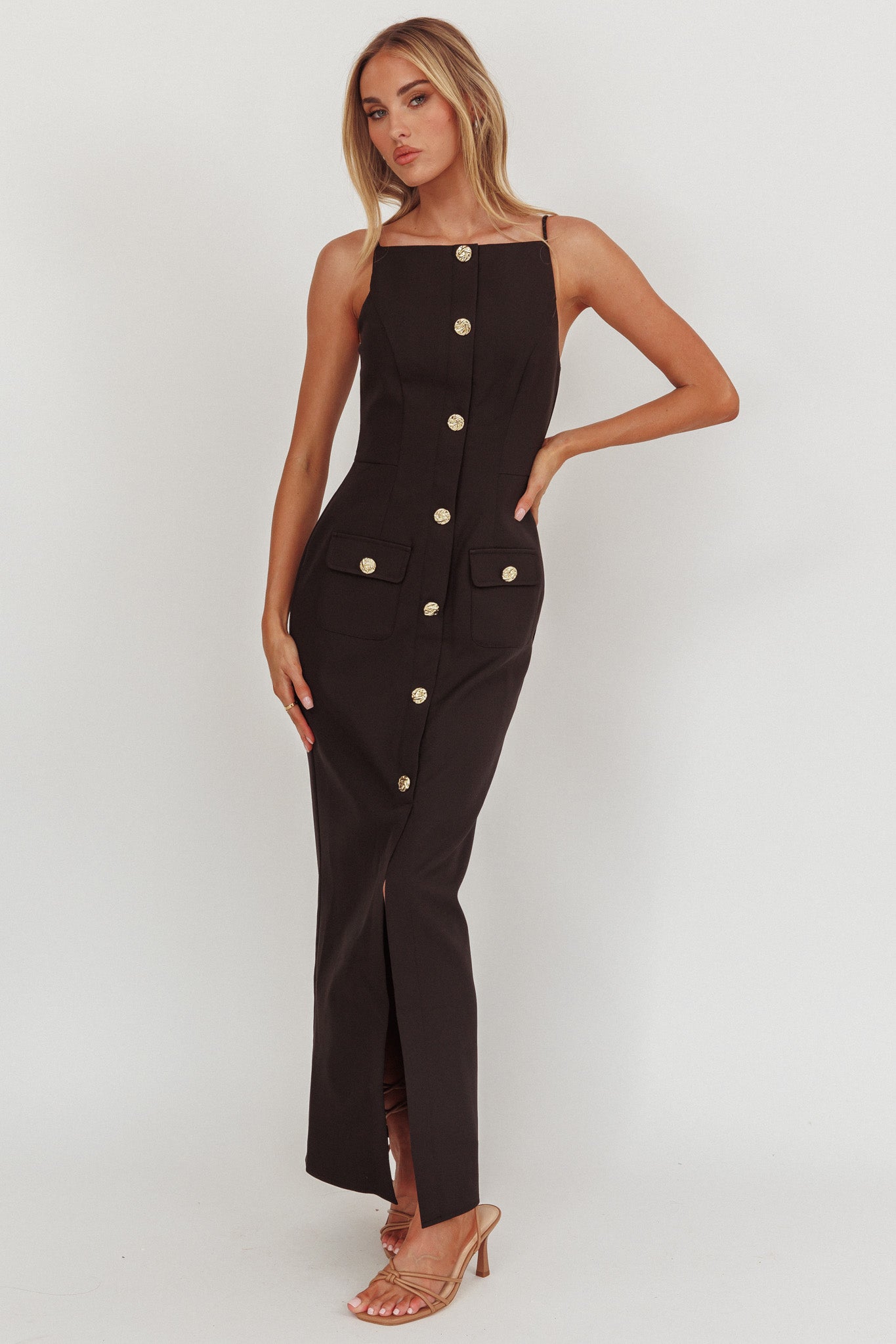 Harlin Button Decoration Maxi Dress Black-Maymioy