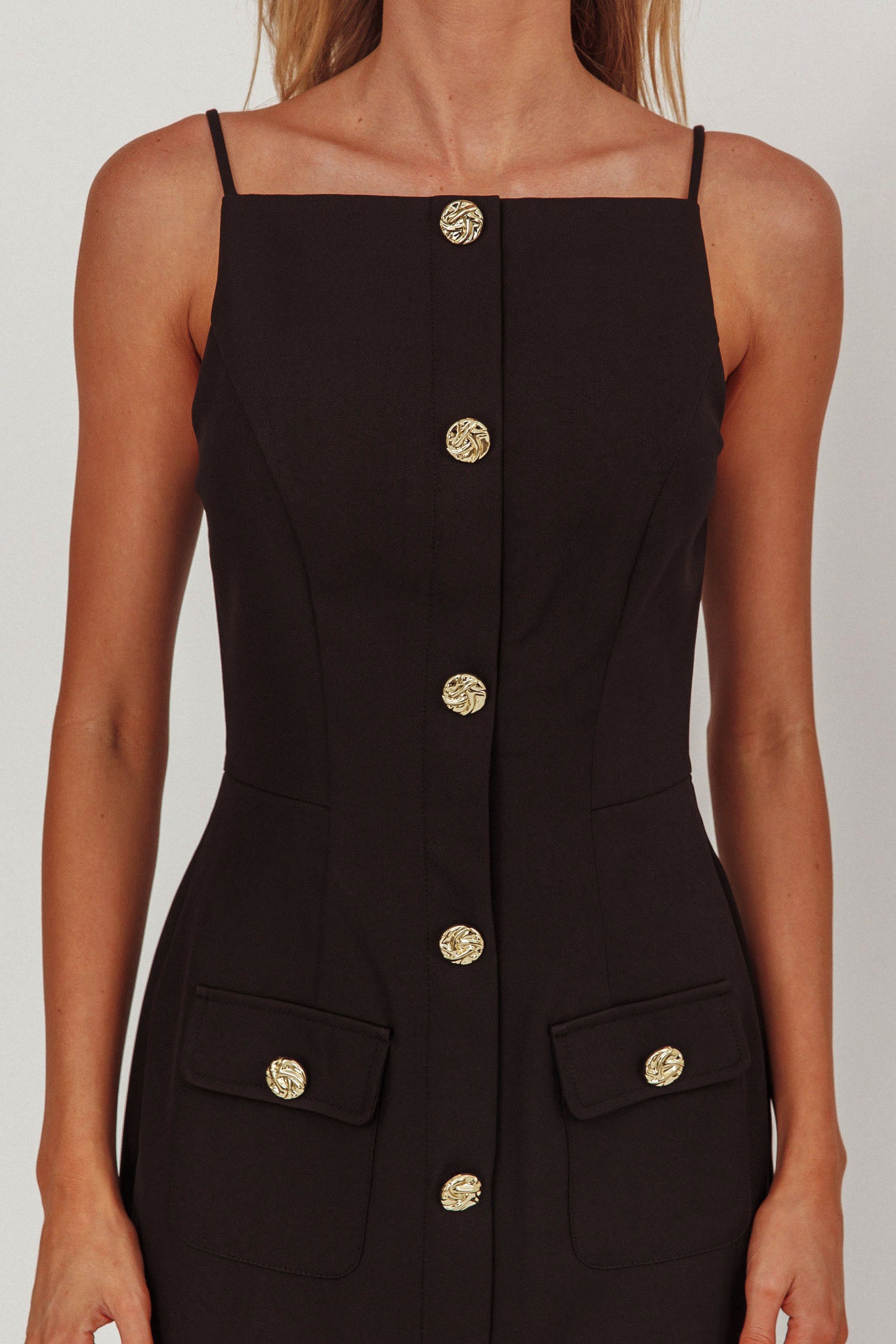 Harlin Button Decoration Maxi Dress Black-Maymioy