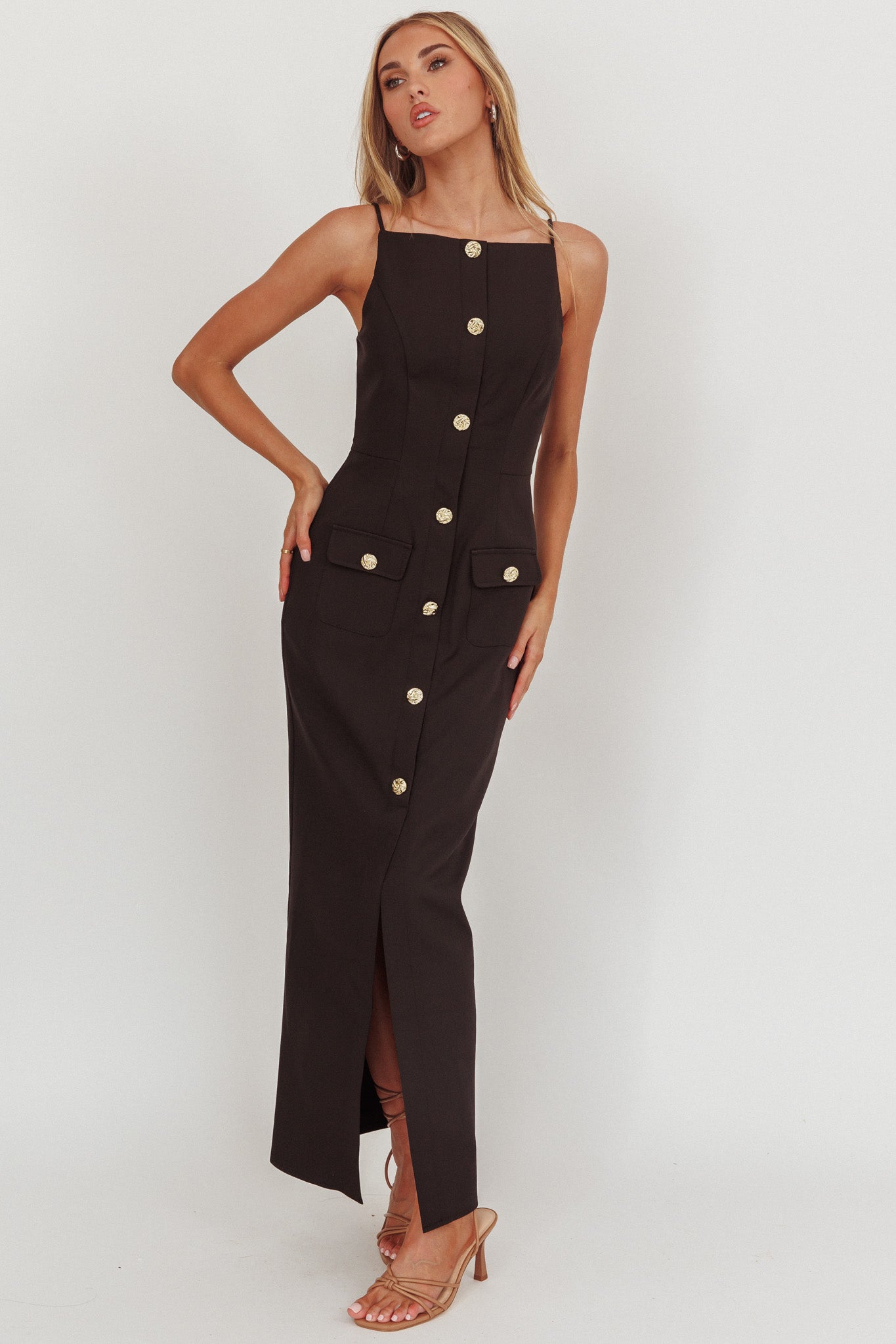 Harlin Button Decoration Maxi Dress Black-Maymioy