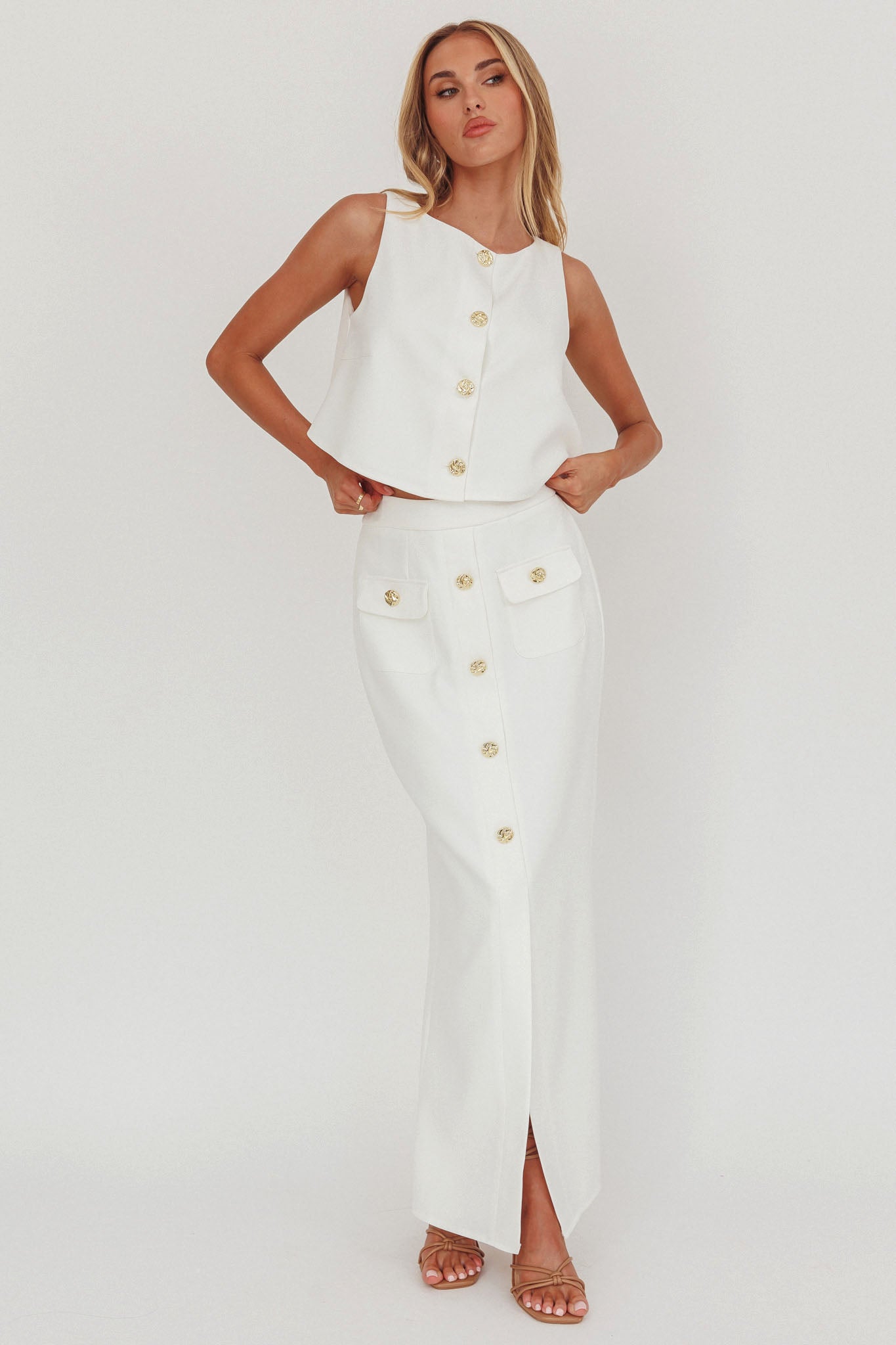 Bondi Sunset Faux Button Placket Maxi Skirt White-Maymioy