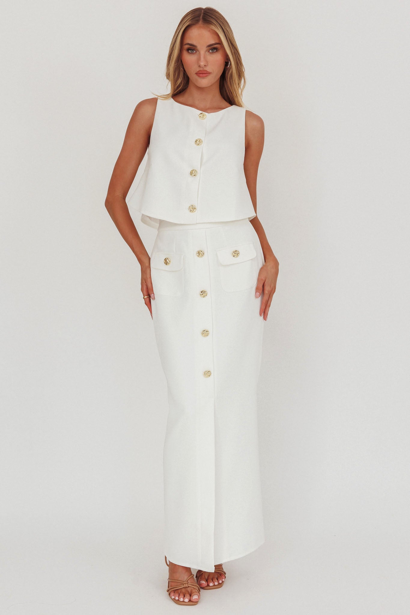 Bondi Sunset Faux Button Placket Maxi Skirt White-Maymioy