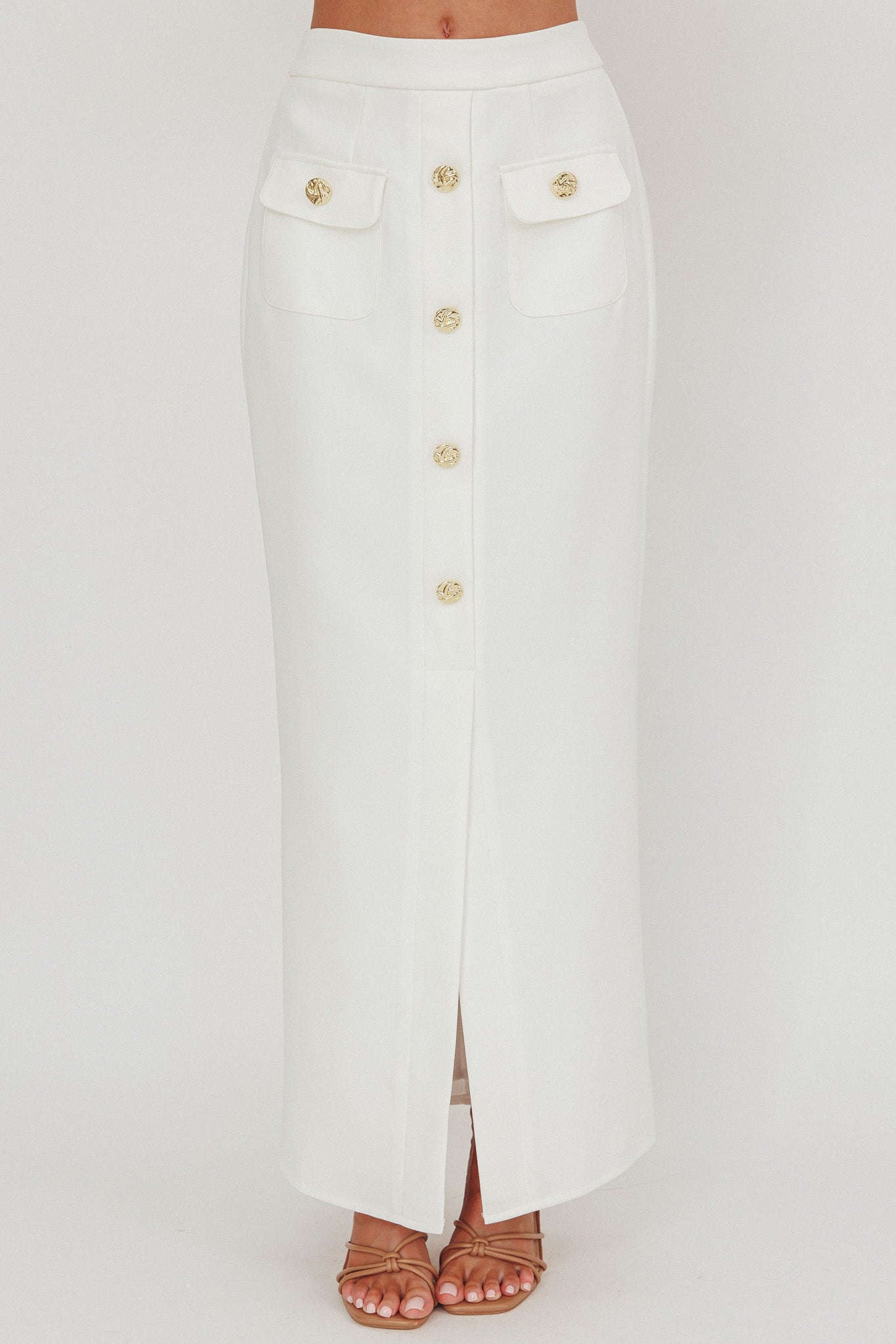 Bondi Sunset Faux Button Placket Maxi Skirt White-Maymioy