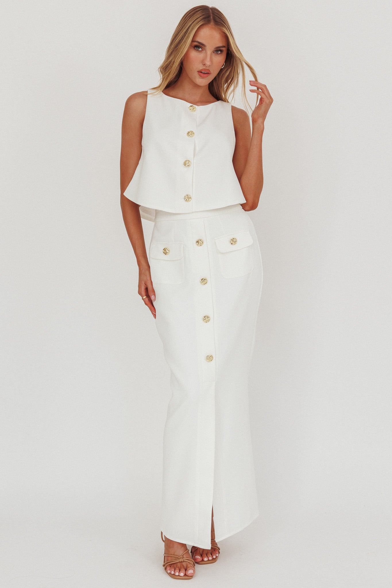 Bondi Sunset Faux Button Placket Maxi Skirt White-Maymioy