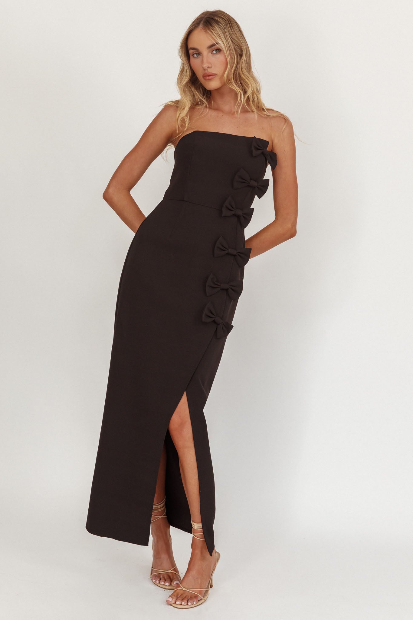 Samanntha Strapless Bow Detail Midi Dress Black-Maymioy