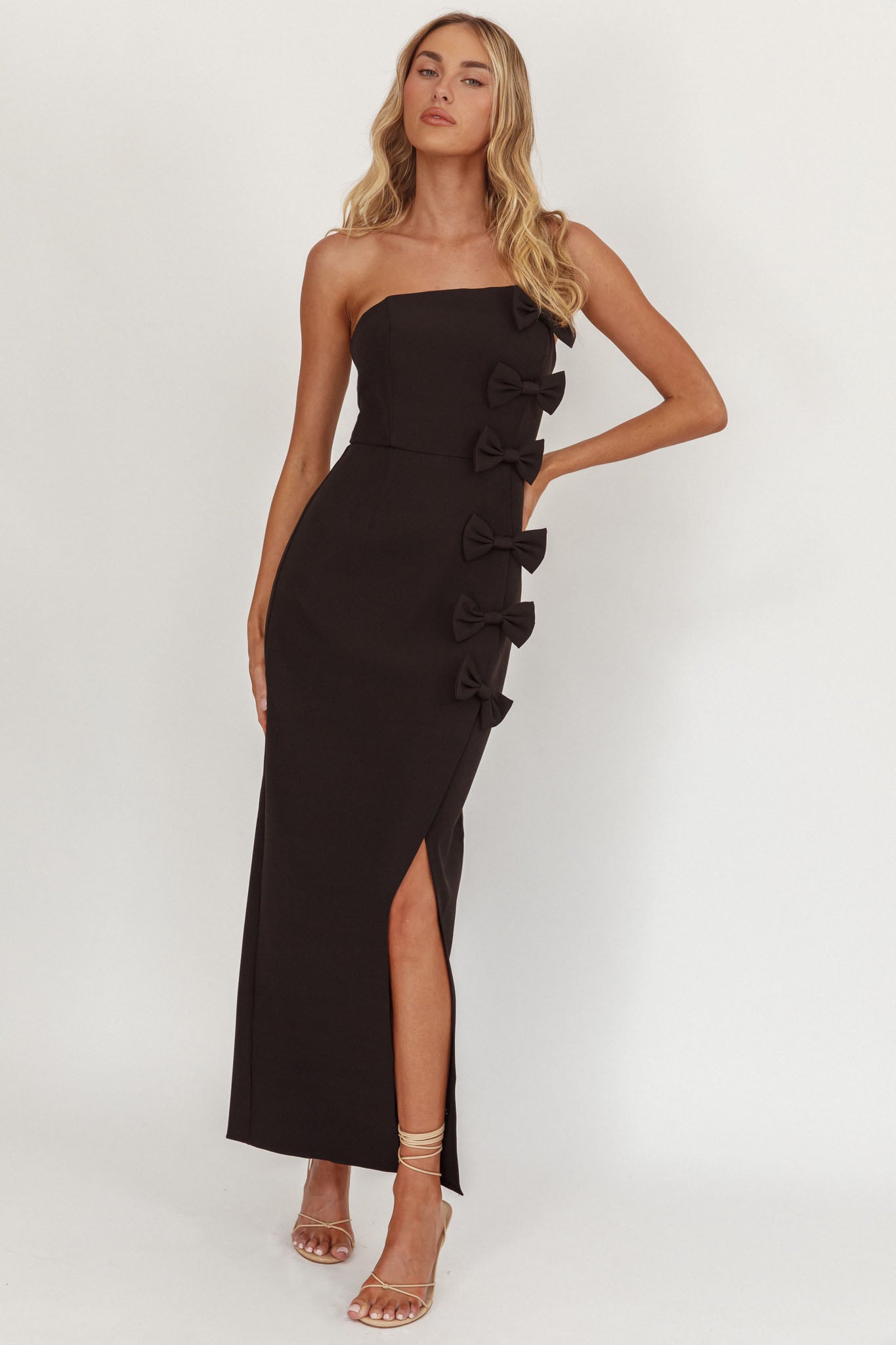 Samanntha Strapless Bow Detail Midi Dress Black-Maymioy