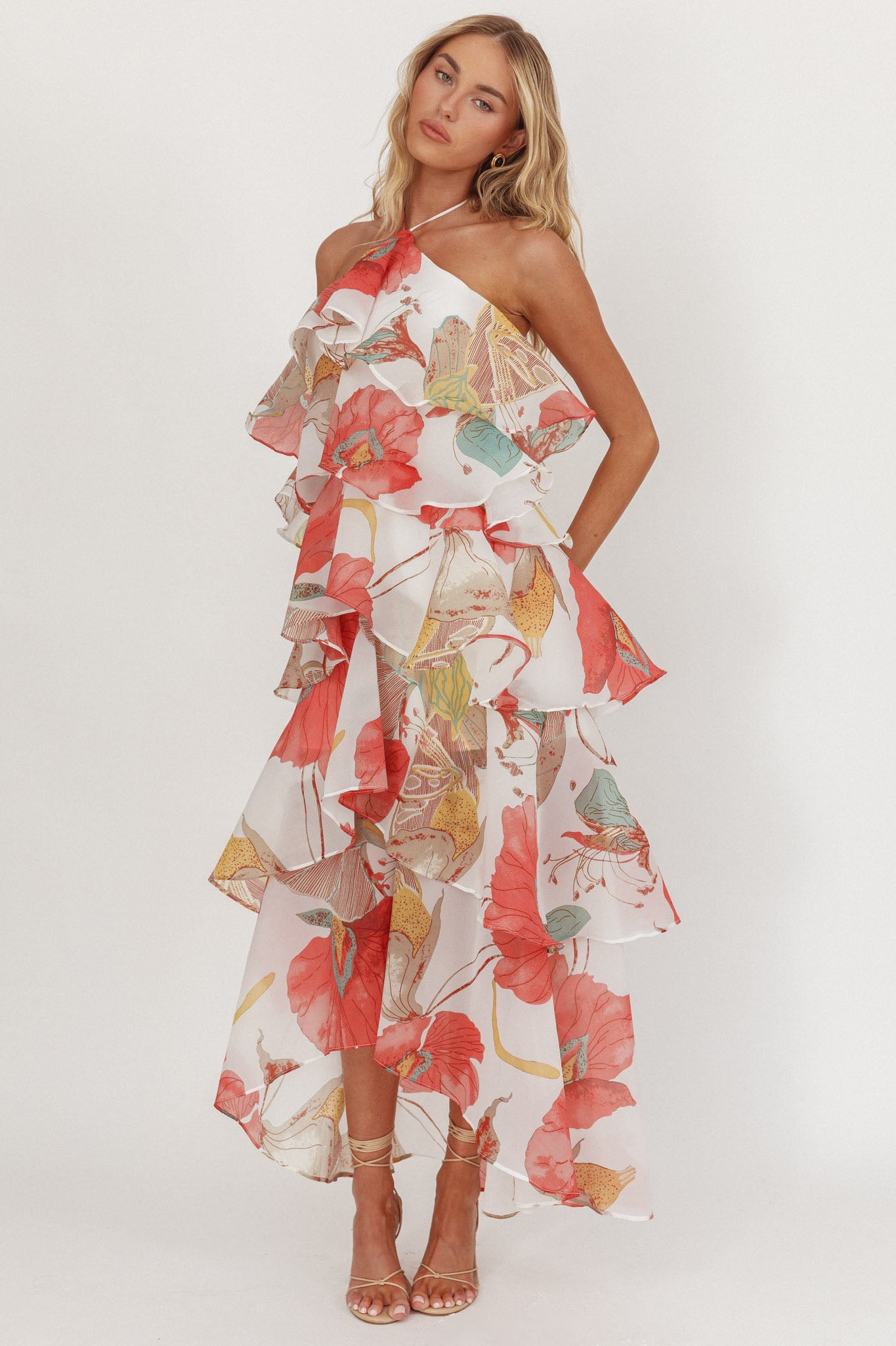 Darylyn Tiered Ruffle Maxi Dress Floral Red-Maymioy