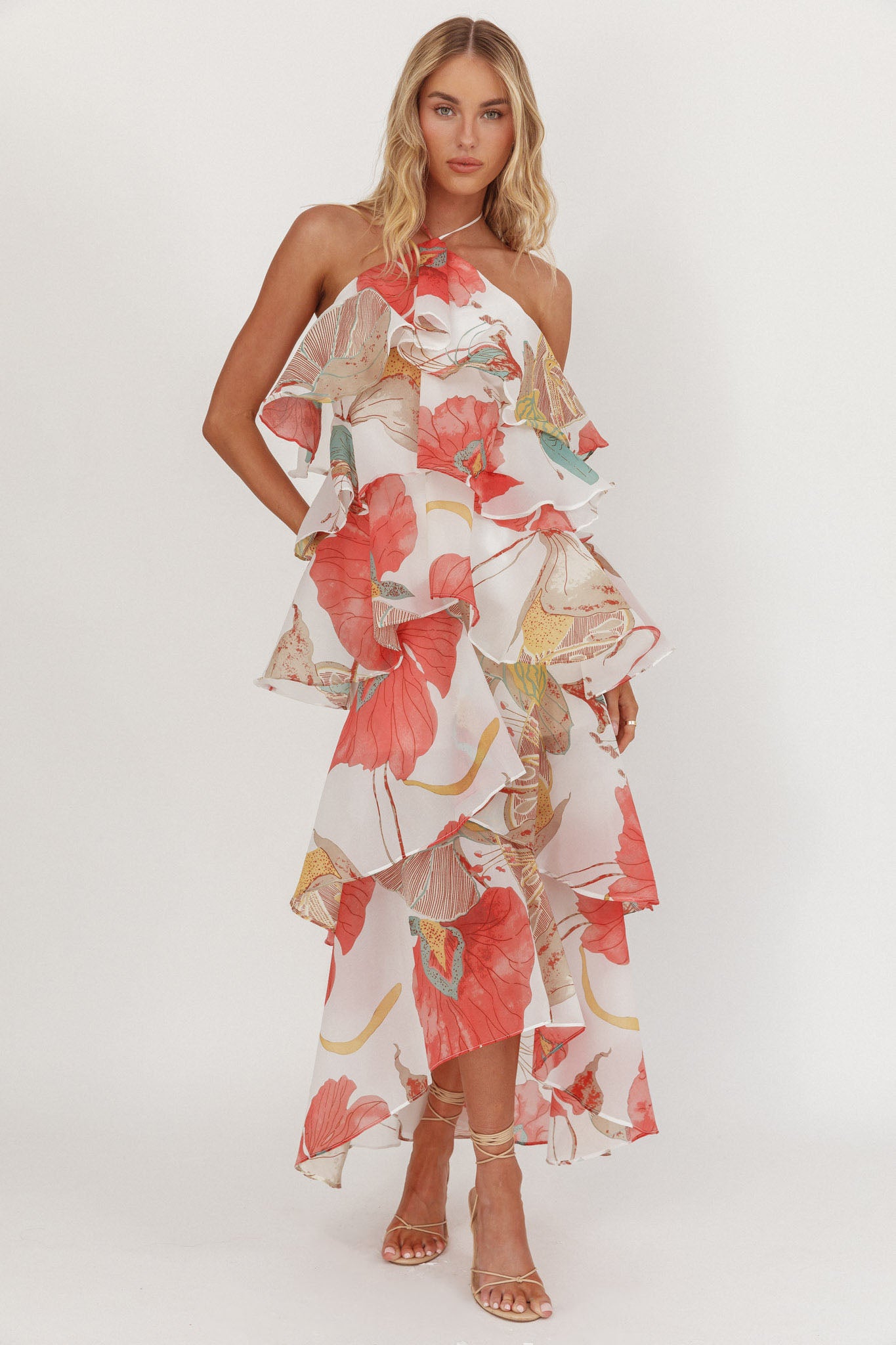 Darylyn Tiered Ruffle Maxi Dress Floral Red-Maymioy