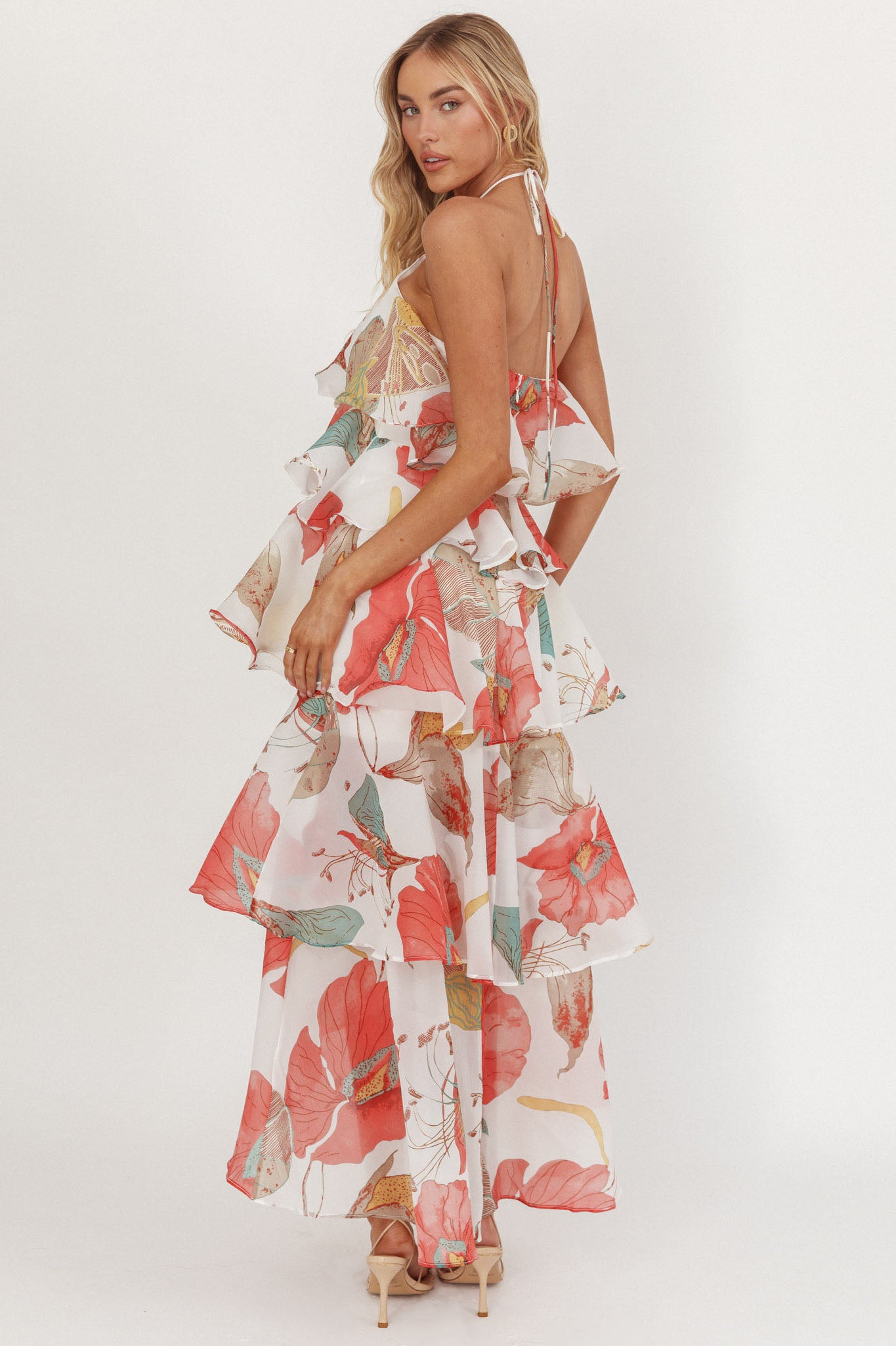 Darylyn Tiered Ruffle Maxi Dress Floral Red-Maymioy