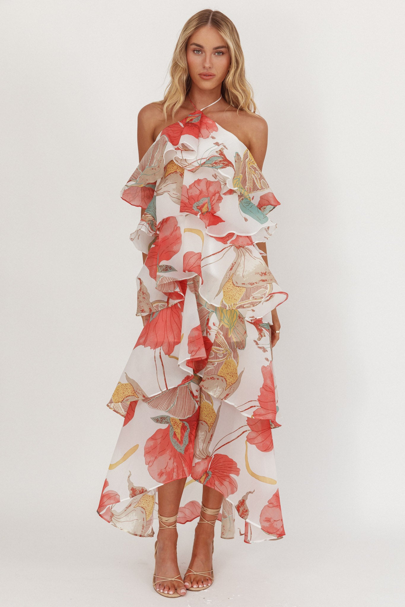 Darylyn Tiered Ruffle Maxi Dress Floral Red-Maymioy