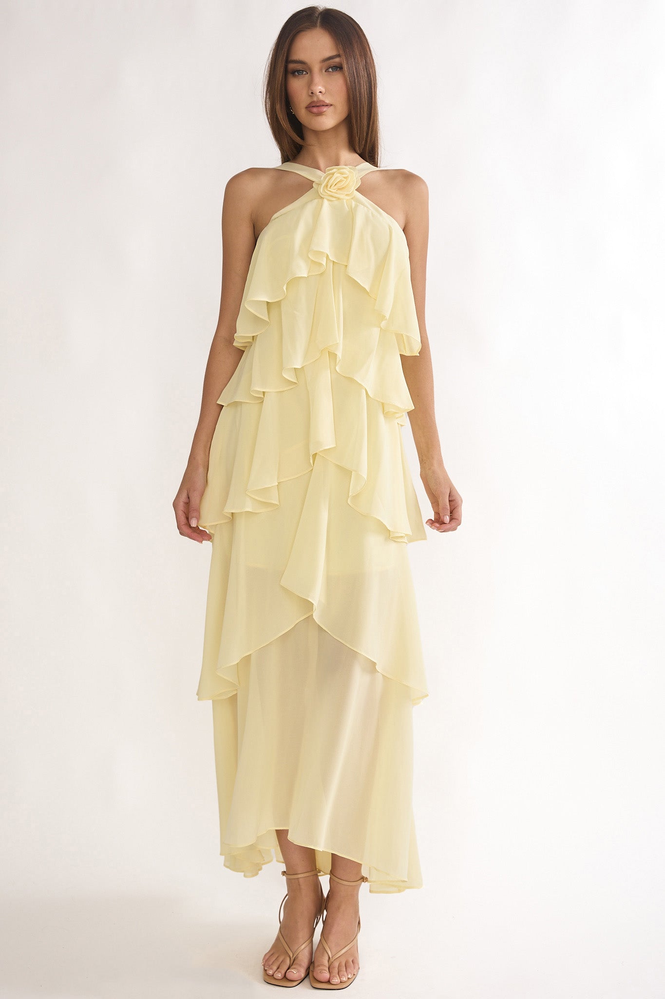 Darylyn Tiered Ruffle Rosette Maxi Dress Yellow-Maymioy