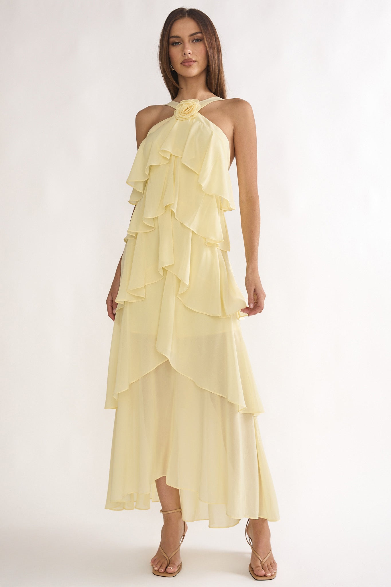 Darylyn Tiered Ruffle Rosette Maxi Dress Yellow-Maymioy