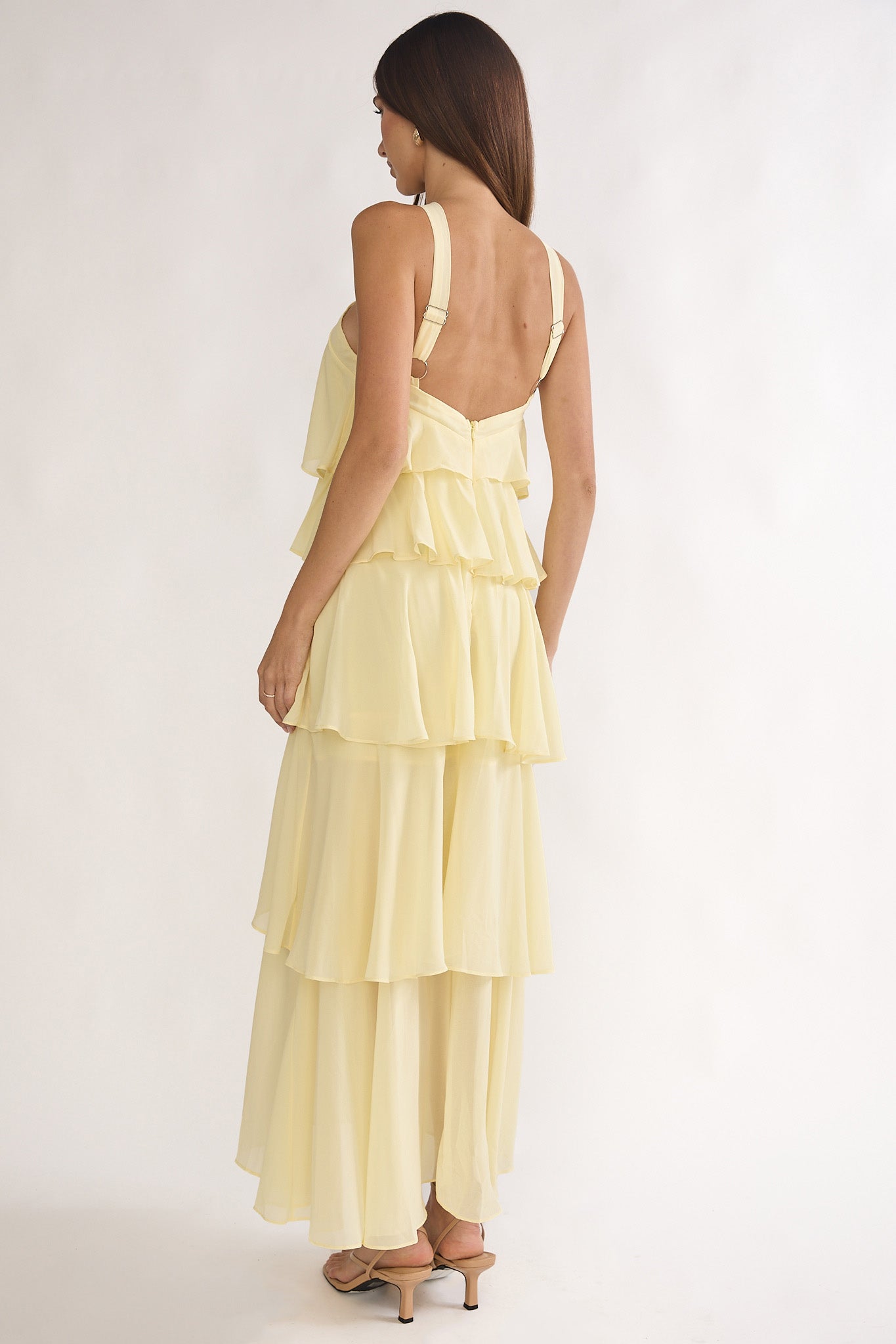 Darylyn Tiered Ruffle Rosette Maxi Dress Yellow-Maymioy