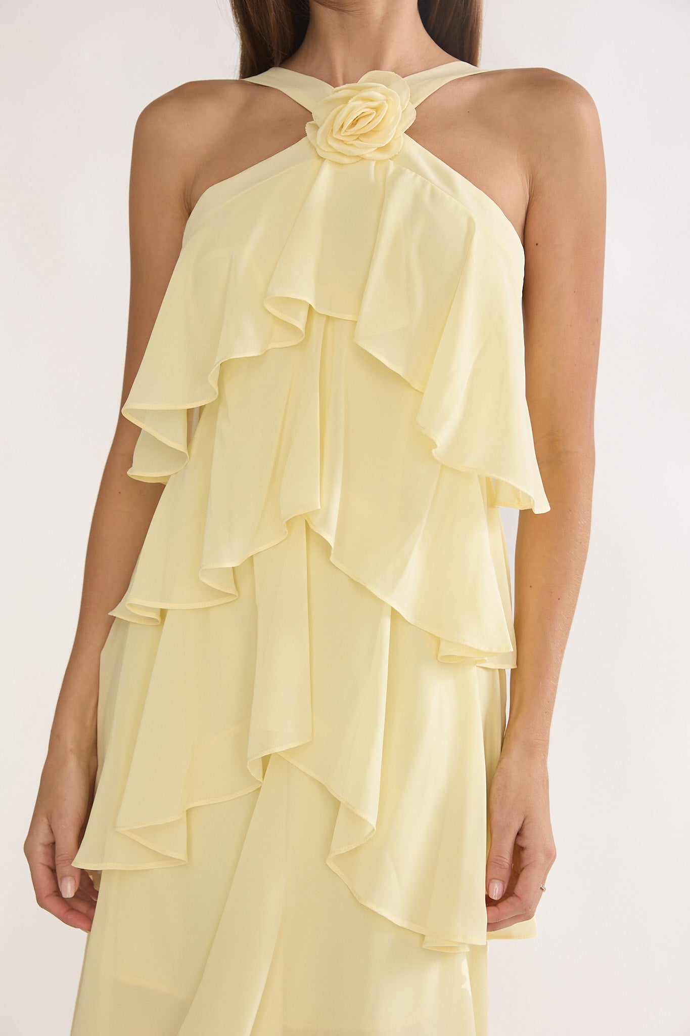Darylyn Tiered Ruffle Rosette Maxi Dress Yellow-Maymioy
