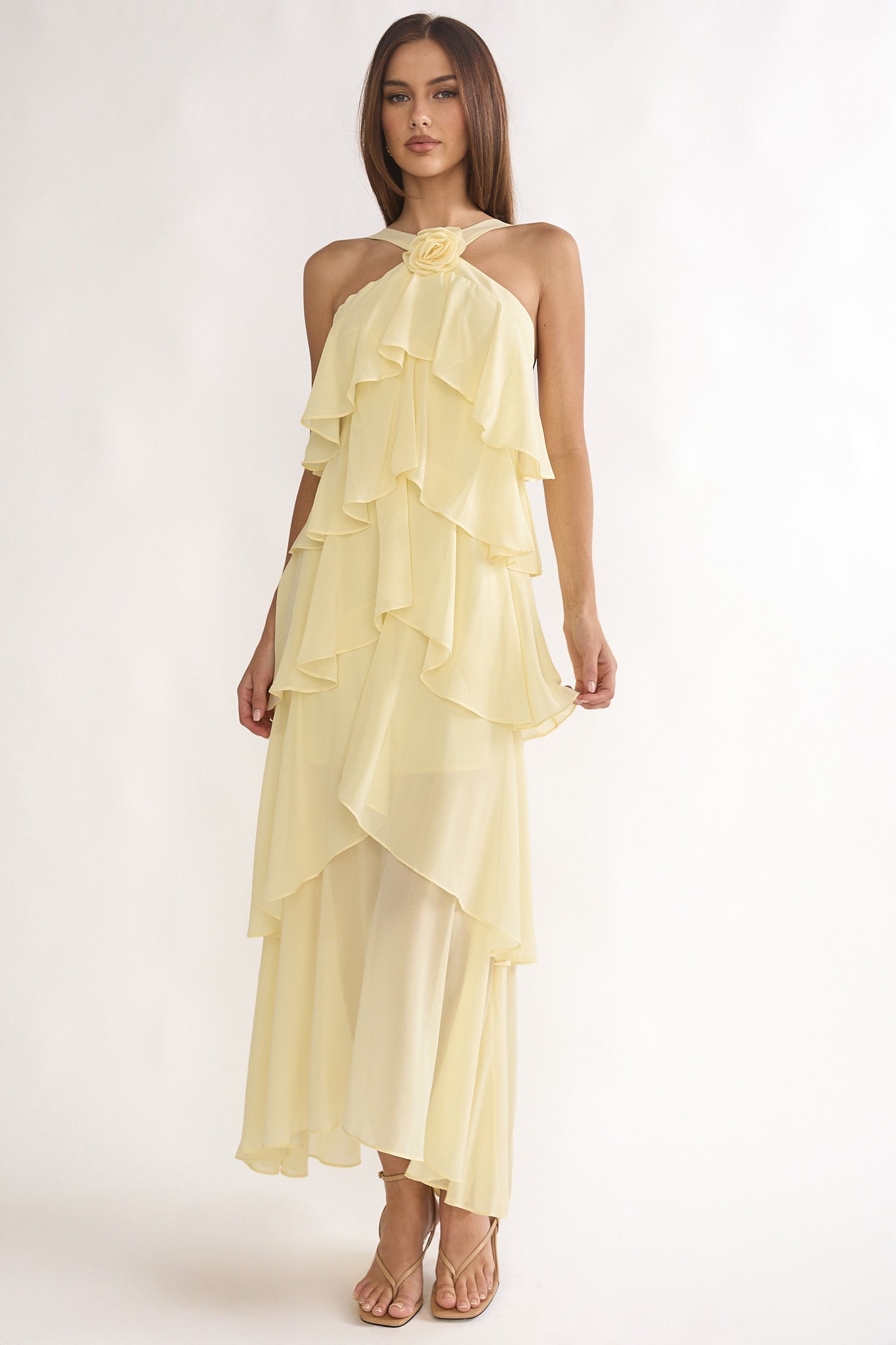 Darylyn Tiered Ruffle Rosette Maxi Dress Yellow-Maymioy