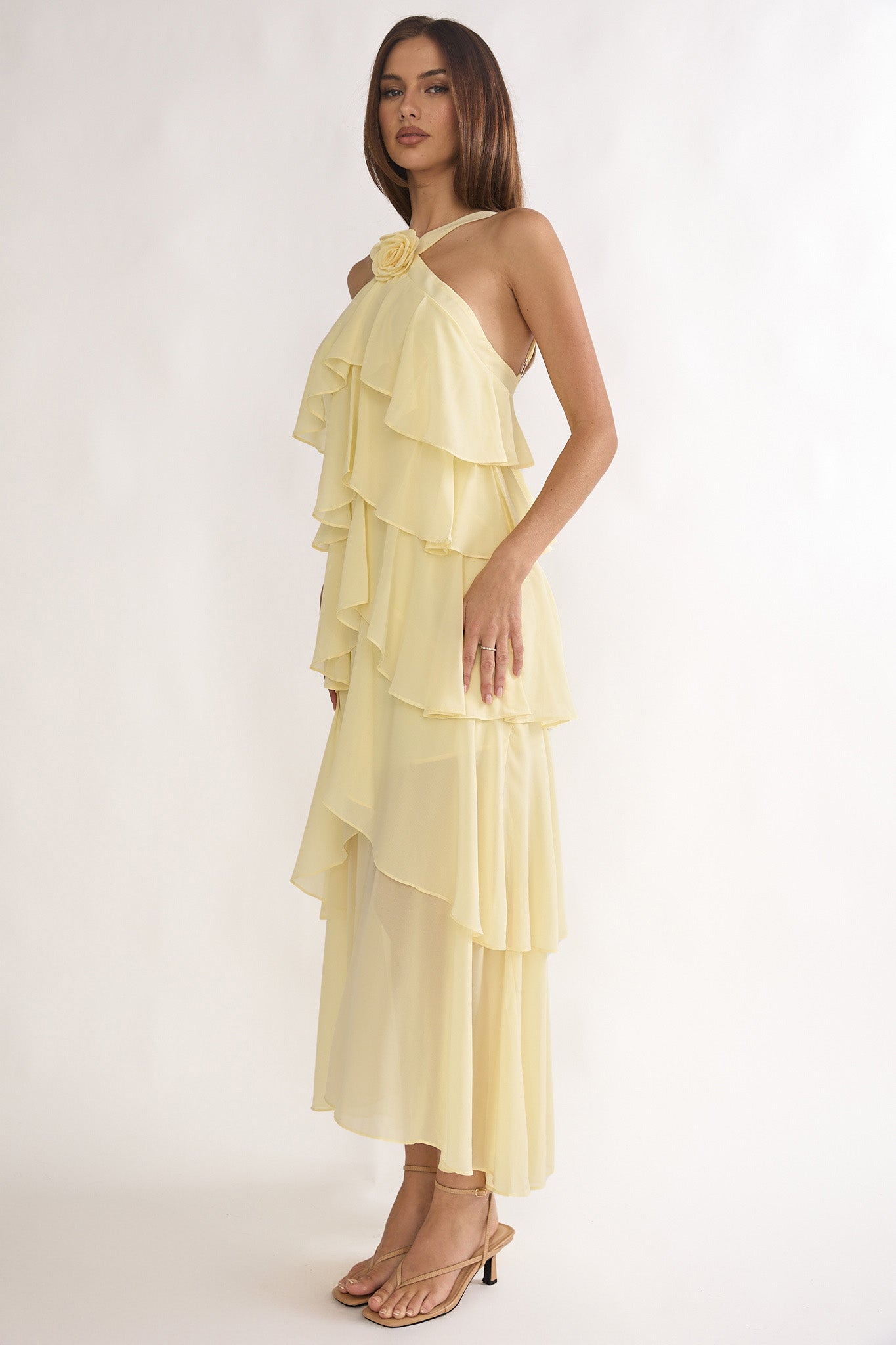 Darylyn Tiered Ruffle Rosette Maxi Dress Yellow-Maymioy