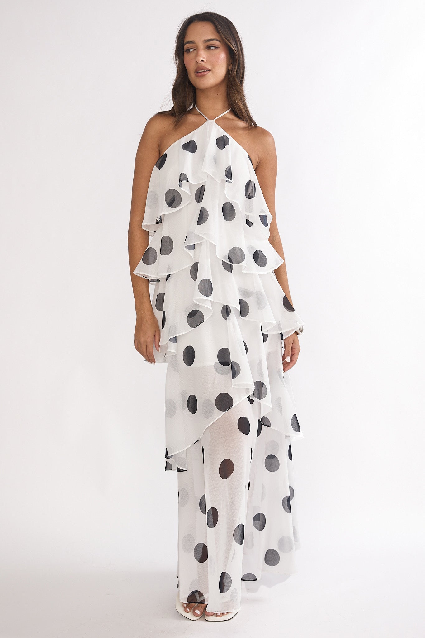 Darylyn Tiered Ruffle Maxi Dress Polka Dot White-Maymioy
