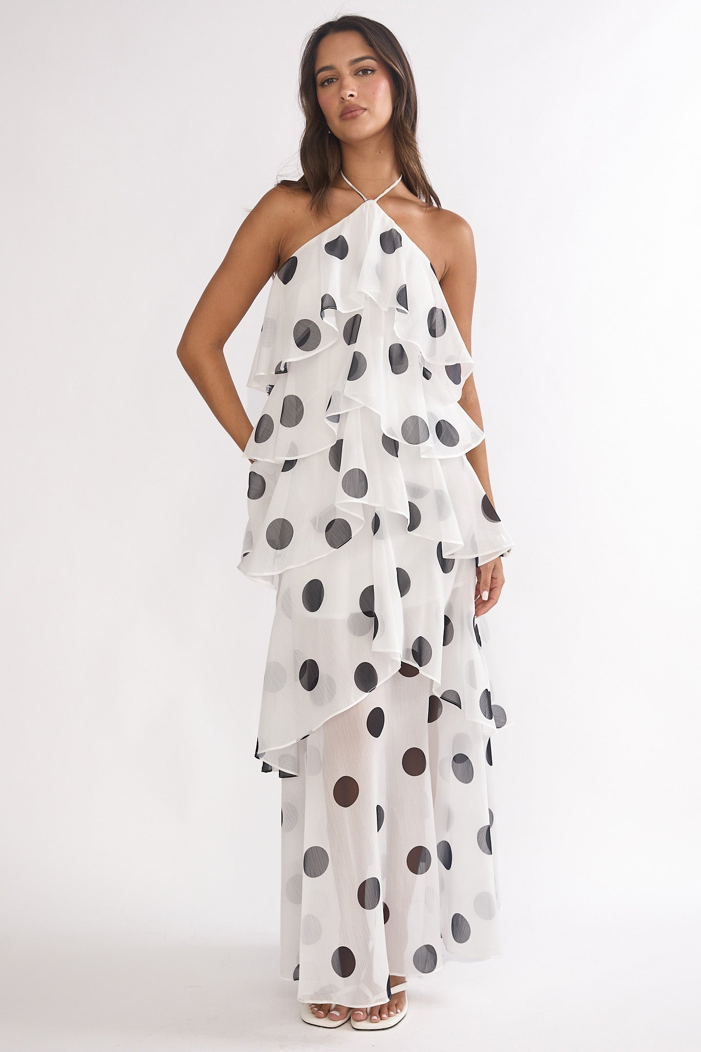 Darylyn Tiered Ruffle Maxi Dress Polka Dot White-Maymioy