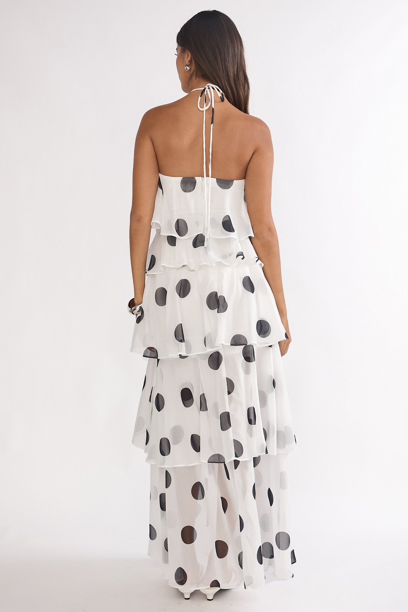 Darylyn Tiered Ruffle Maxi Dress Polka Dot White-Maymioy