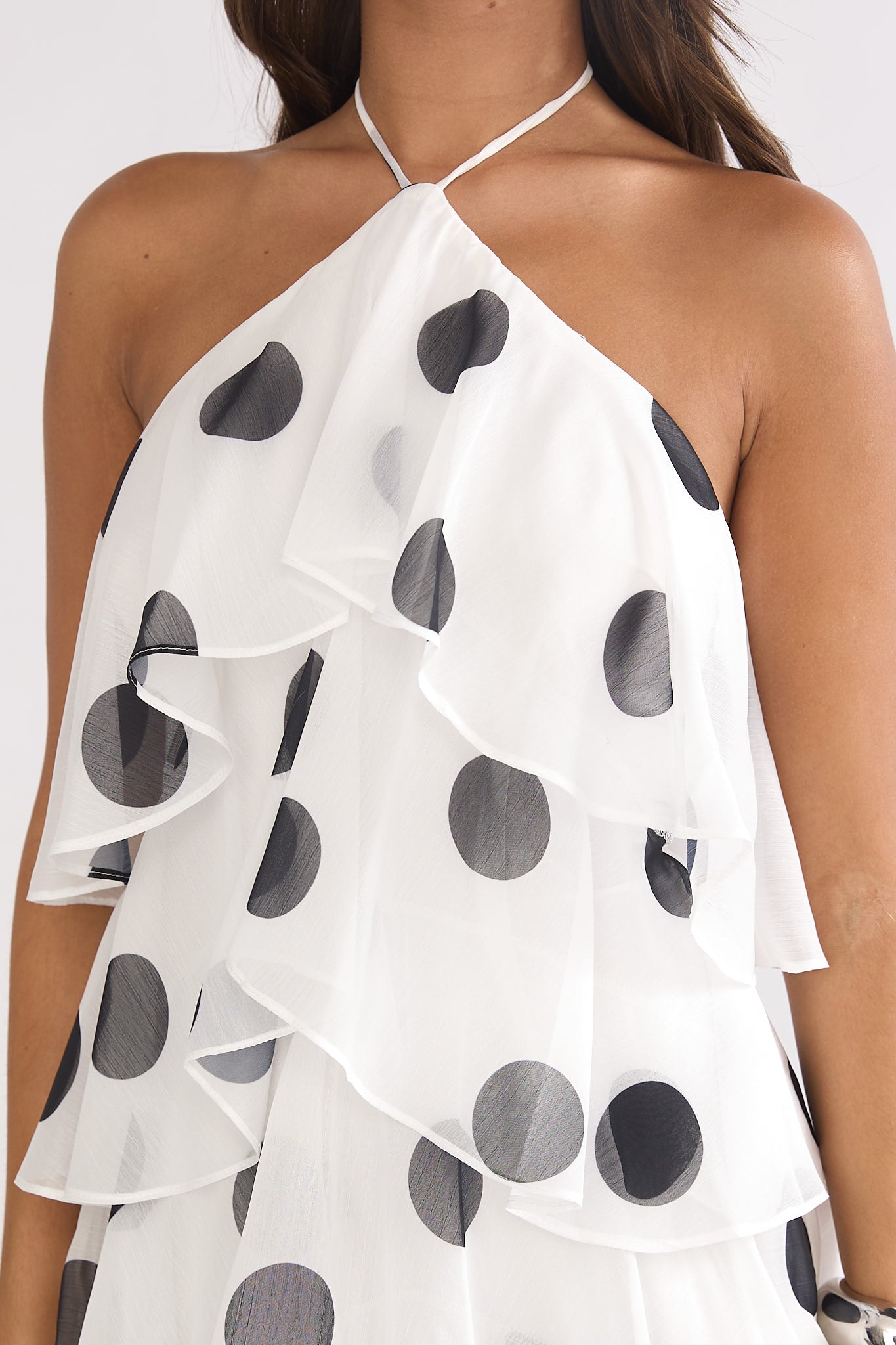 Darylyn Tiered Ruffle Maxi Dress Polka Dot White-Maymioy