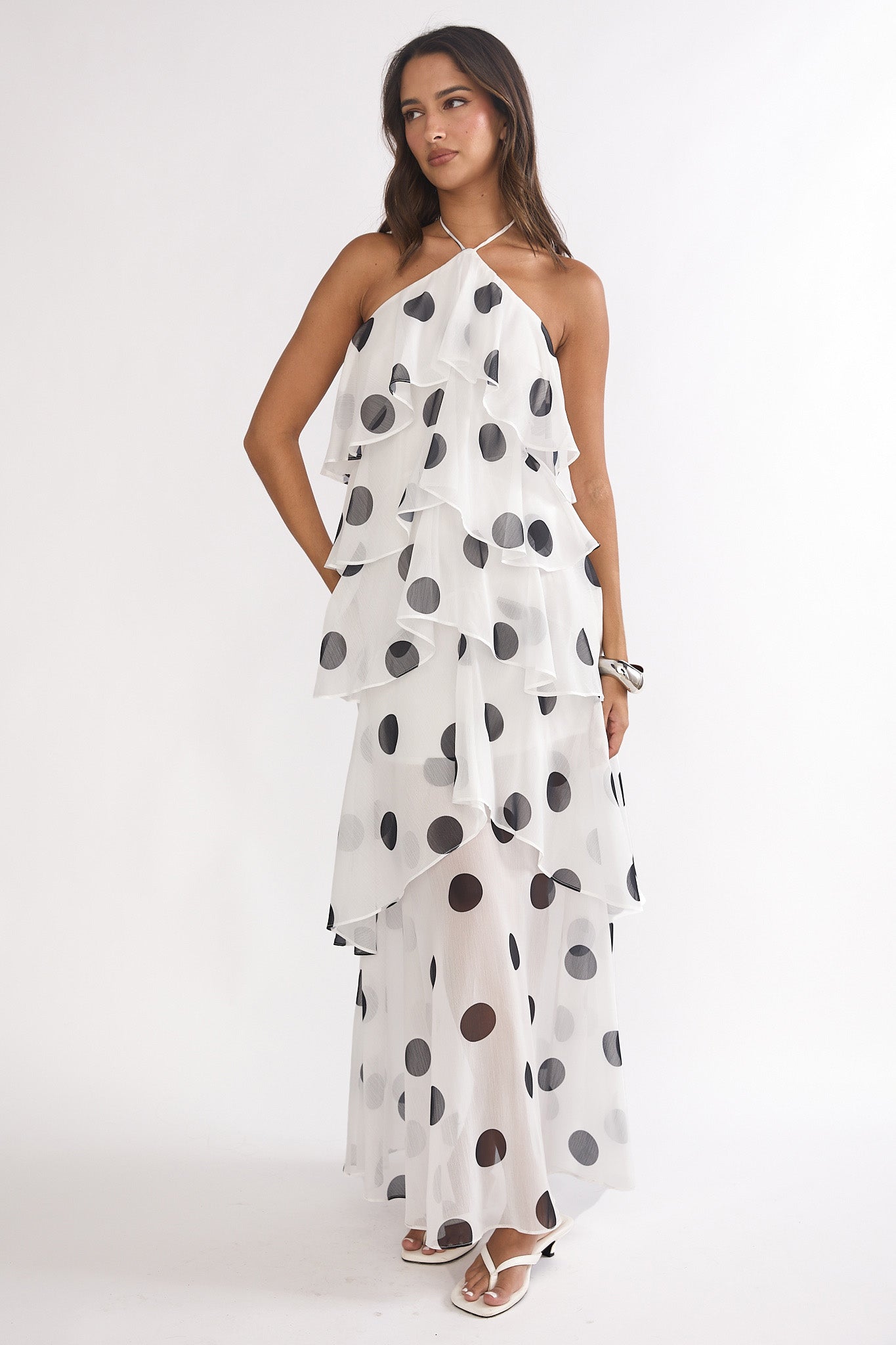 Darylyn Tiered Ruffle Maxi Dress Polka Dot White-Maymioy