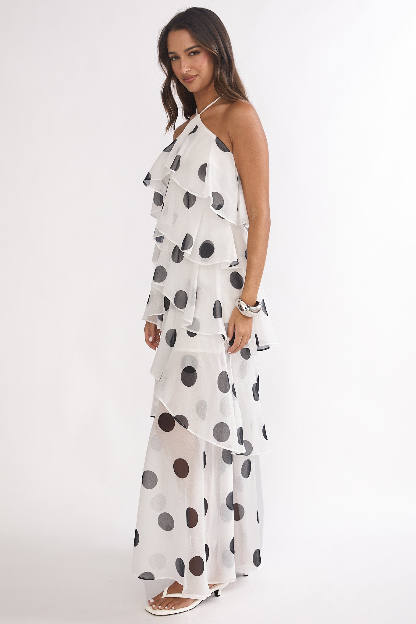 Darylyn Tiered Ruffle Maxi Dress Polka Dot White-Maymioy