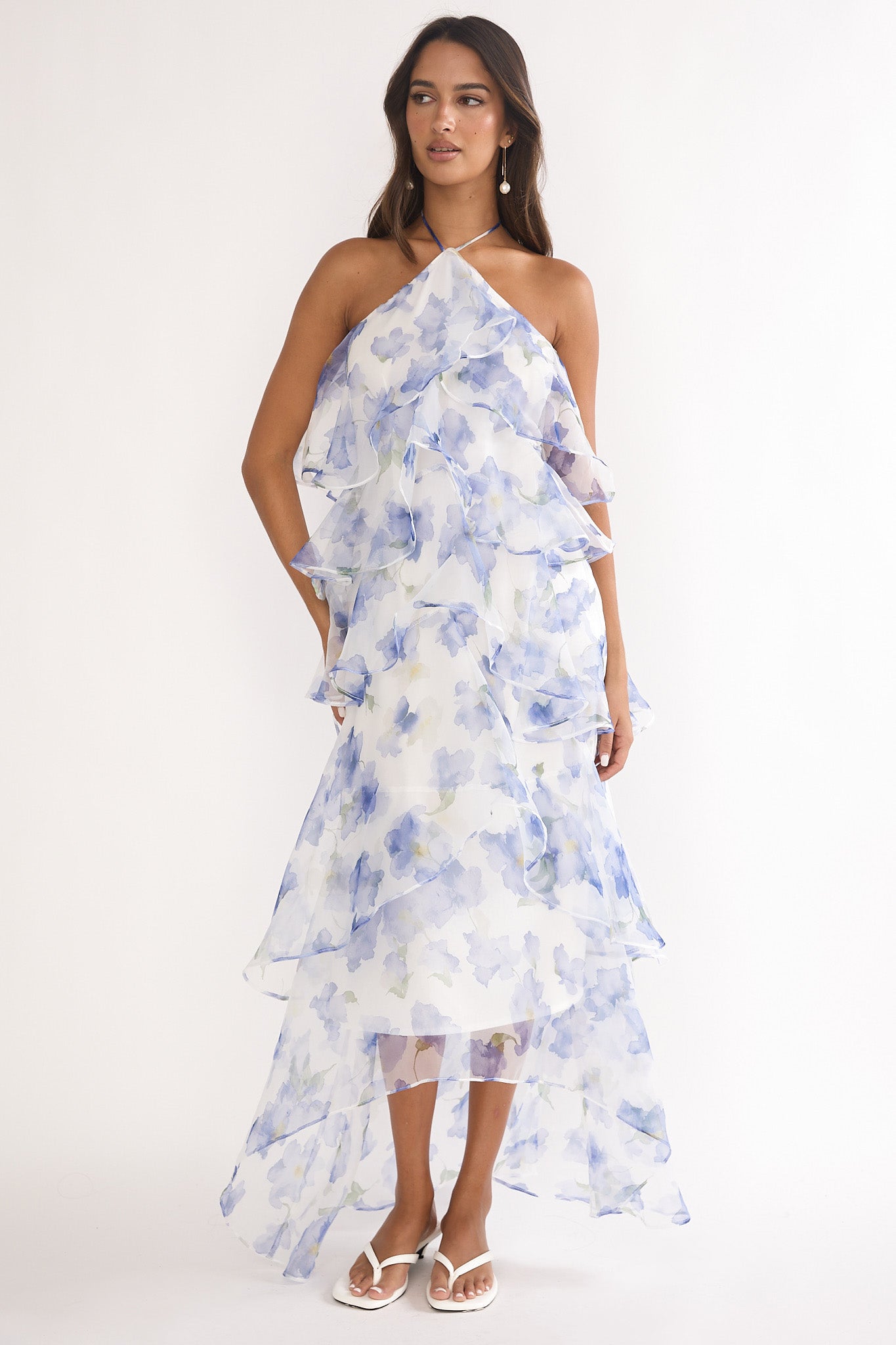 Darylyn Tiered Ruffle Maxi Dress Floral Blue-Maymioy