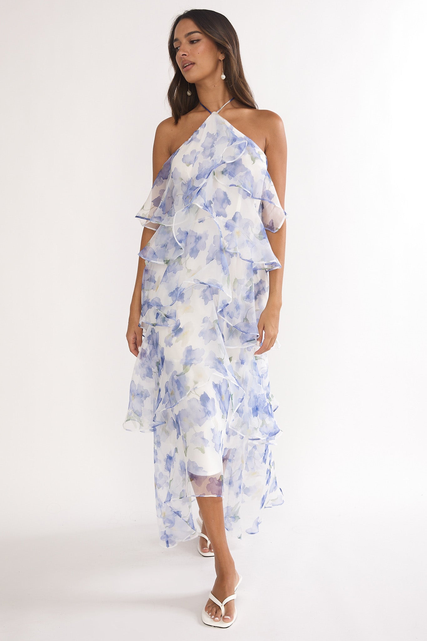 Darylyn Tiered Ruffle Maxi Dress Floral Blue-Maymioy