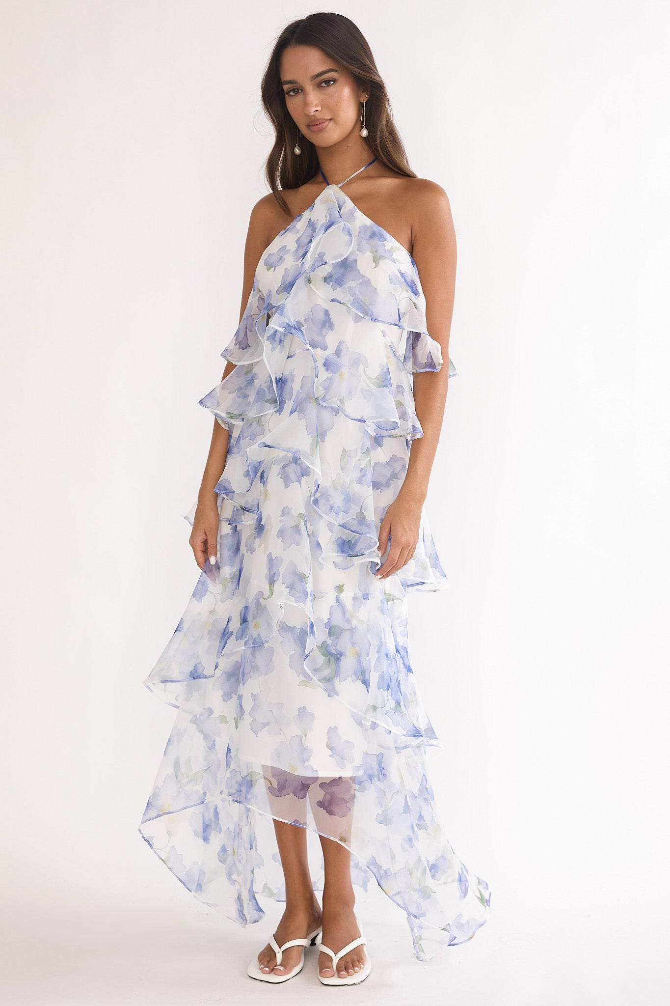 Darylyn Tiered Ruffle Maxi Dress Floral Blue-Maymioy