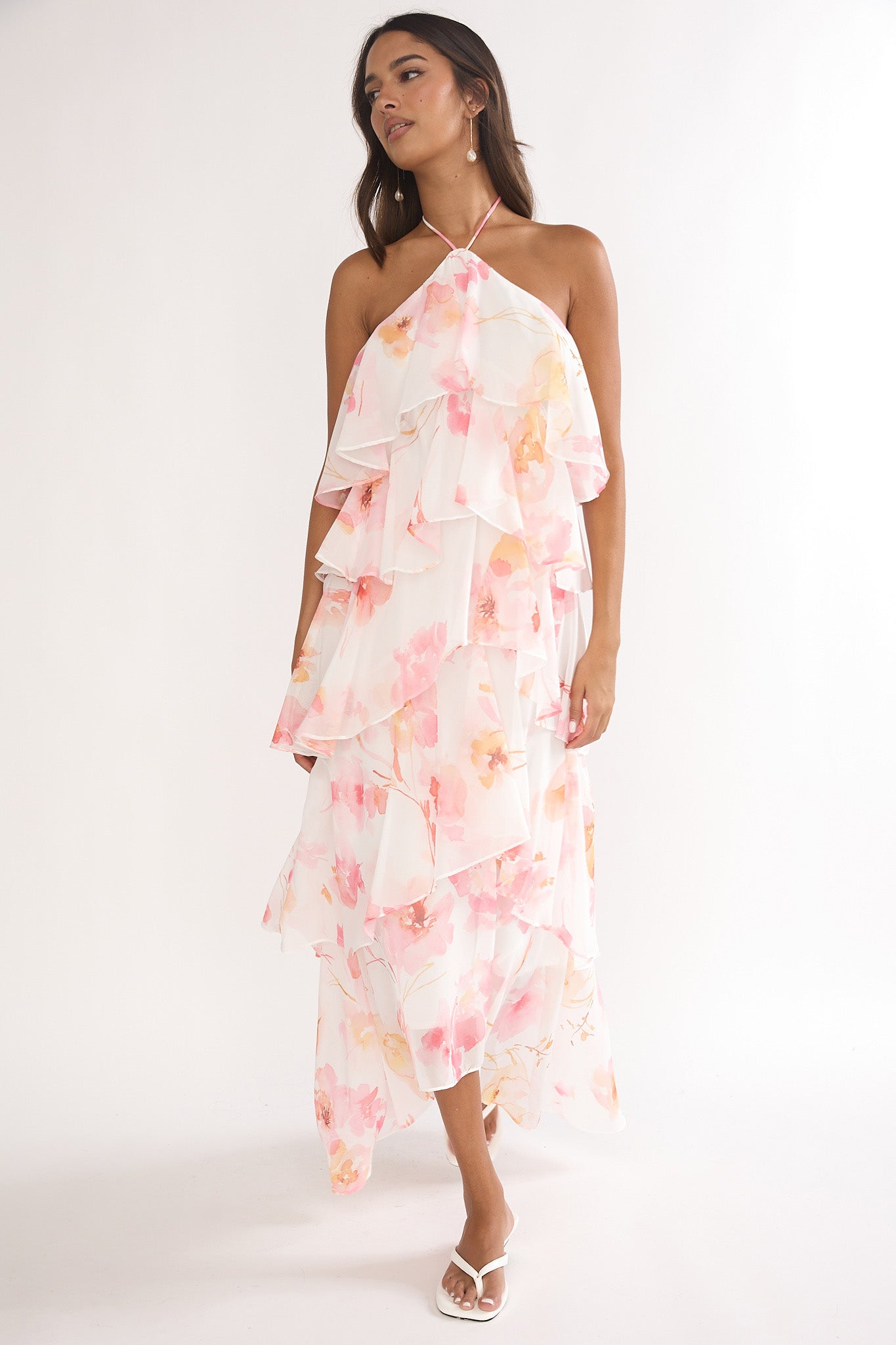 Darylyn Tiered Ruffle Maxi Dress Floral Pink-Maymioy
