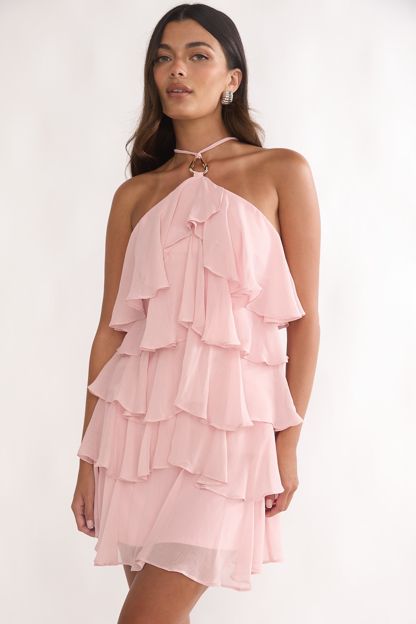 Darylyn Tiered Ruffle Mini Dress Pink-Maymioy