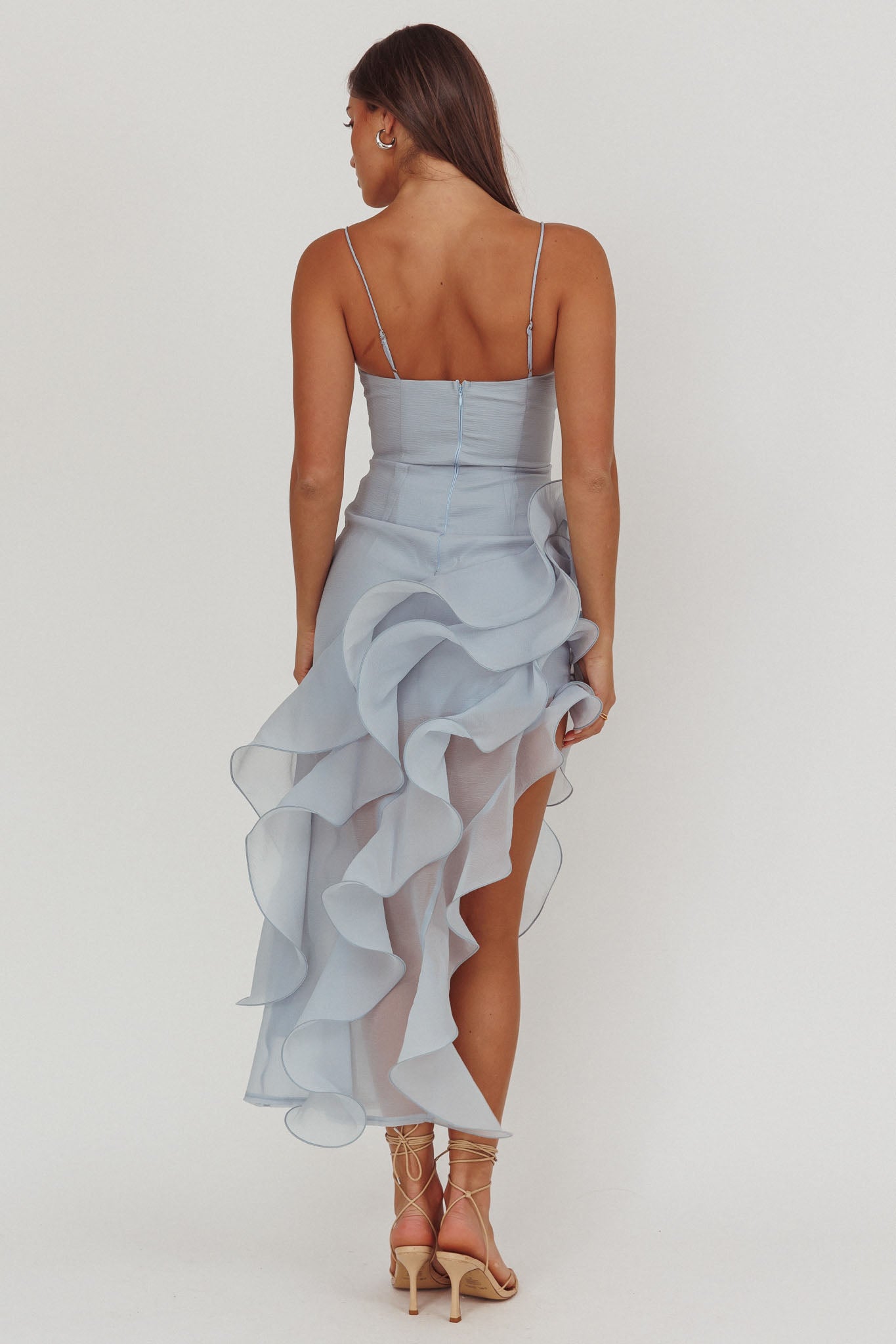 Charmayne Asymmetric Ruffle Trim Maxi Dress Blue-Maymioy