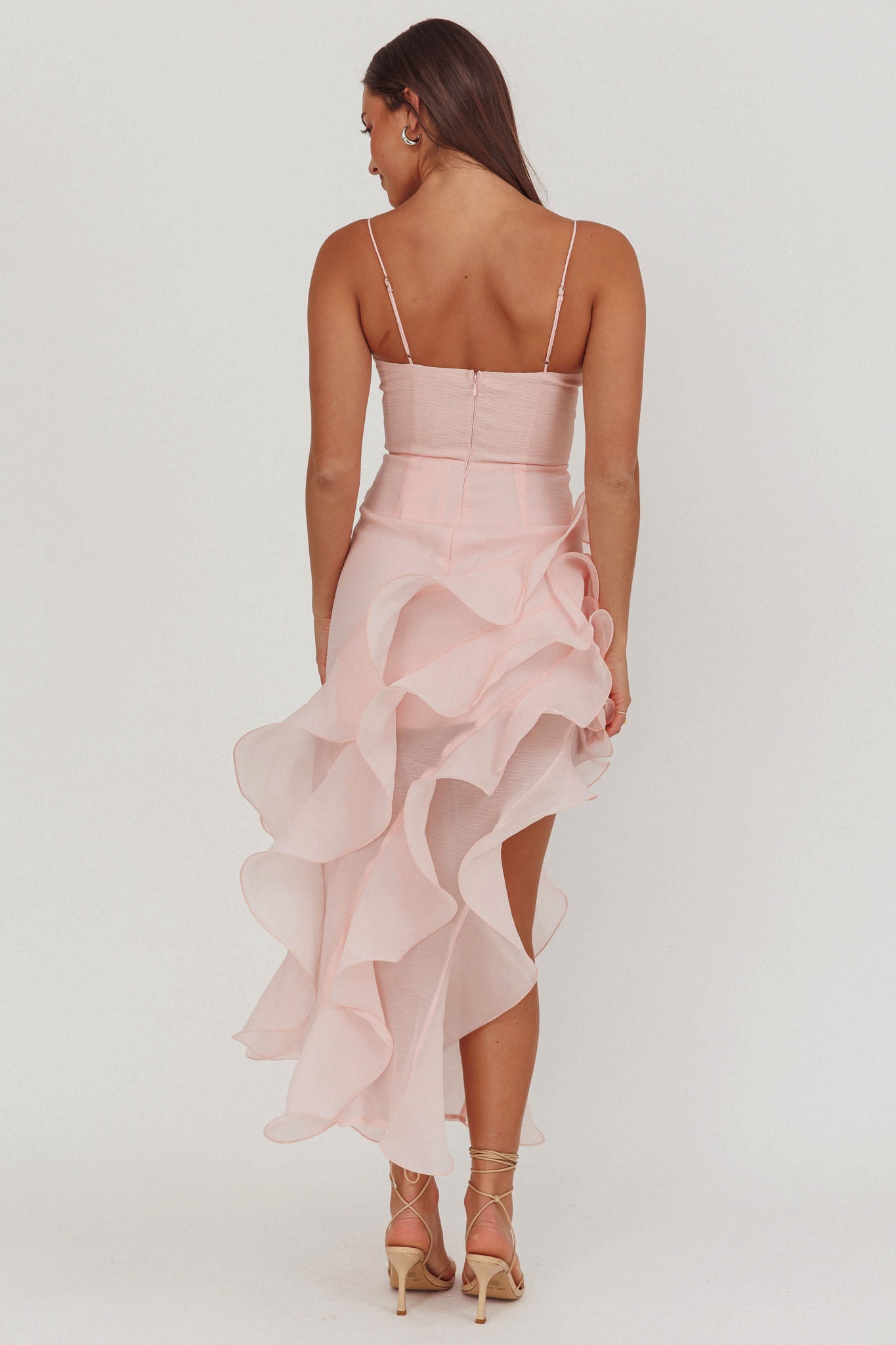 Charmayne Asymmetric Ruffle Trim Maxi Dress Pink-Maymioy
