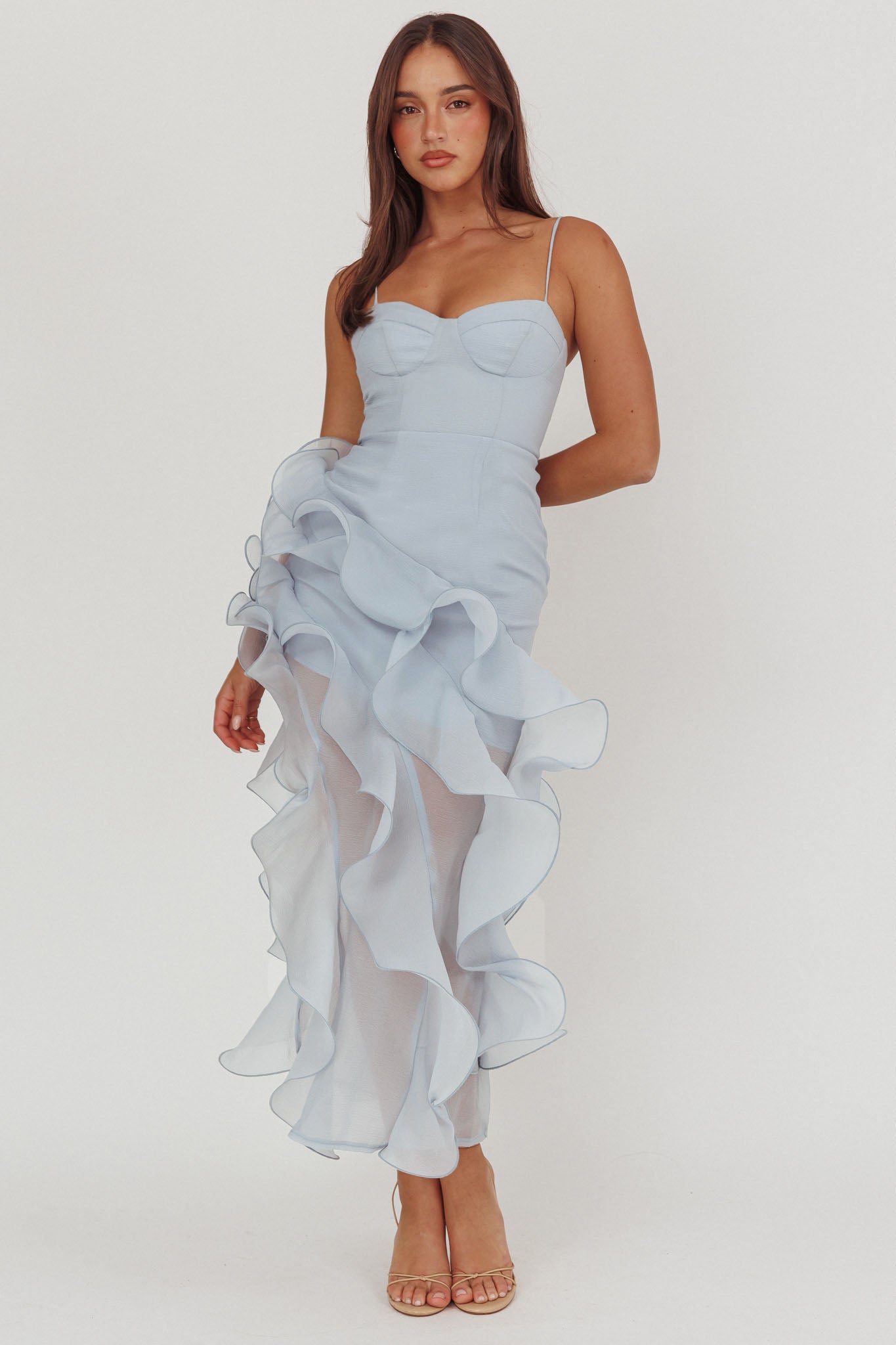 Charmayne Asymmetric Ruffle Trim Maxi Dress Blue-Maymioy