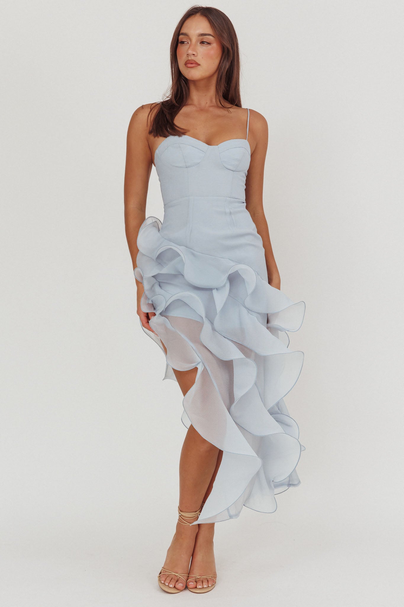 Charmayne Asymmetric Ruffle Trim Maxi Dress Blue-Maymioy