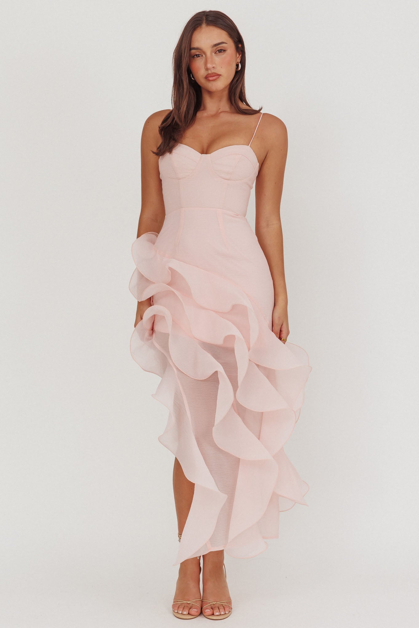 Charmayne Asymmetric Ruffle Trim Maxi Dress Pink-Maymioy