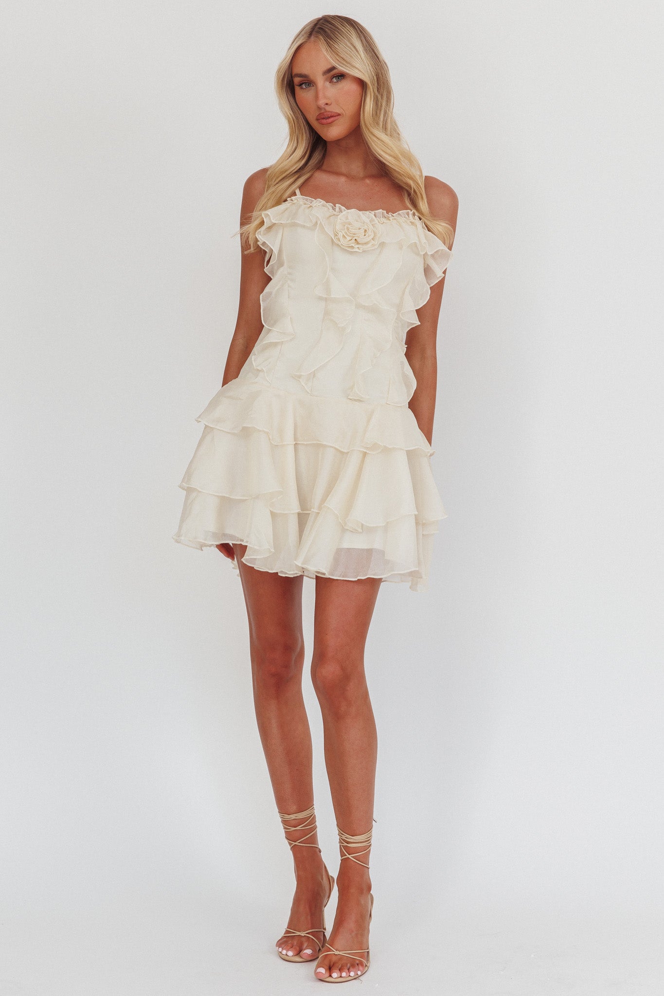 Sweetest Things Frill Trim Rosette Mini Dress Cream-Maymioy
