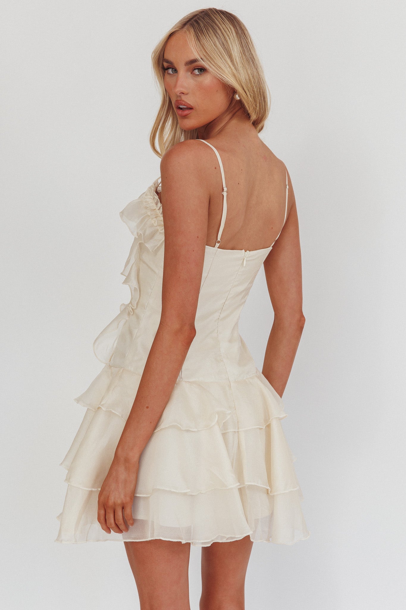 Sweetest Things Frill Trim Rosette Mini Dress Cream-Maymioy