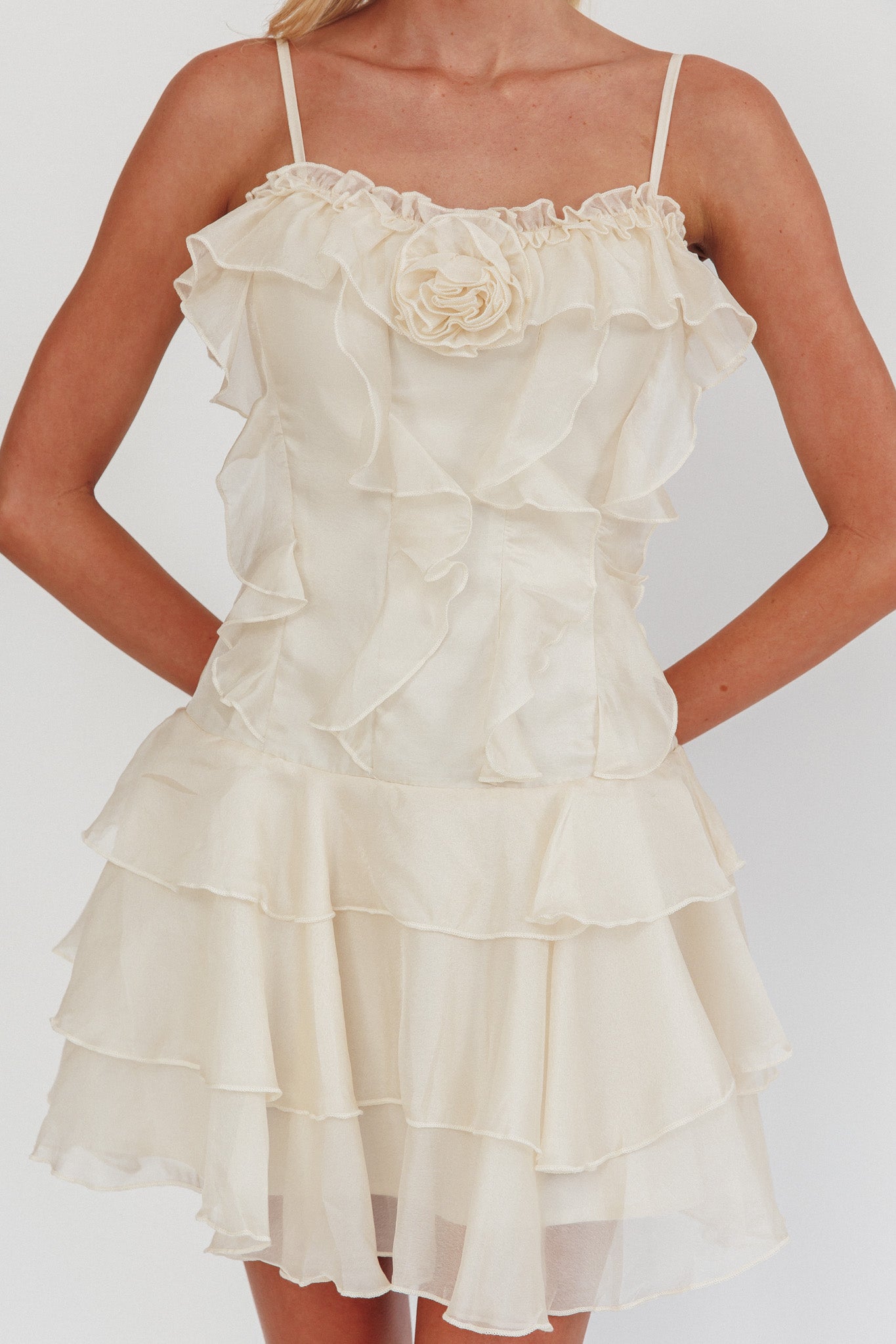 Sweetest Things Frill Trim Rosette Mini Dress Cream-Maymioy
