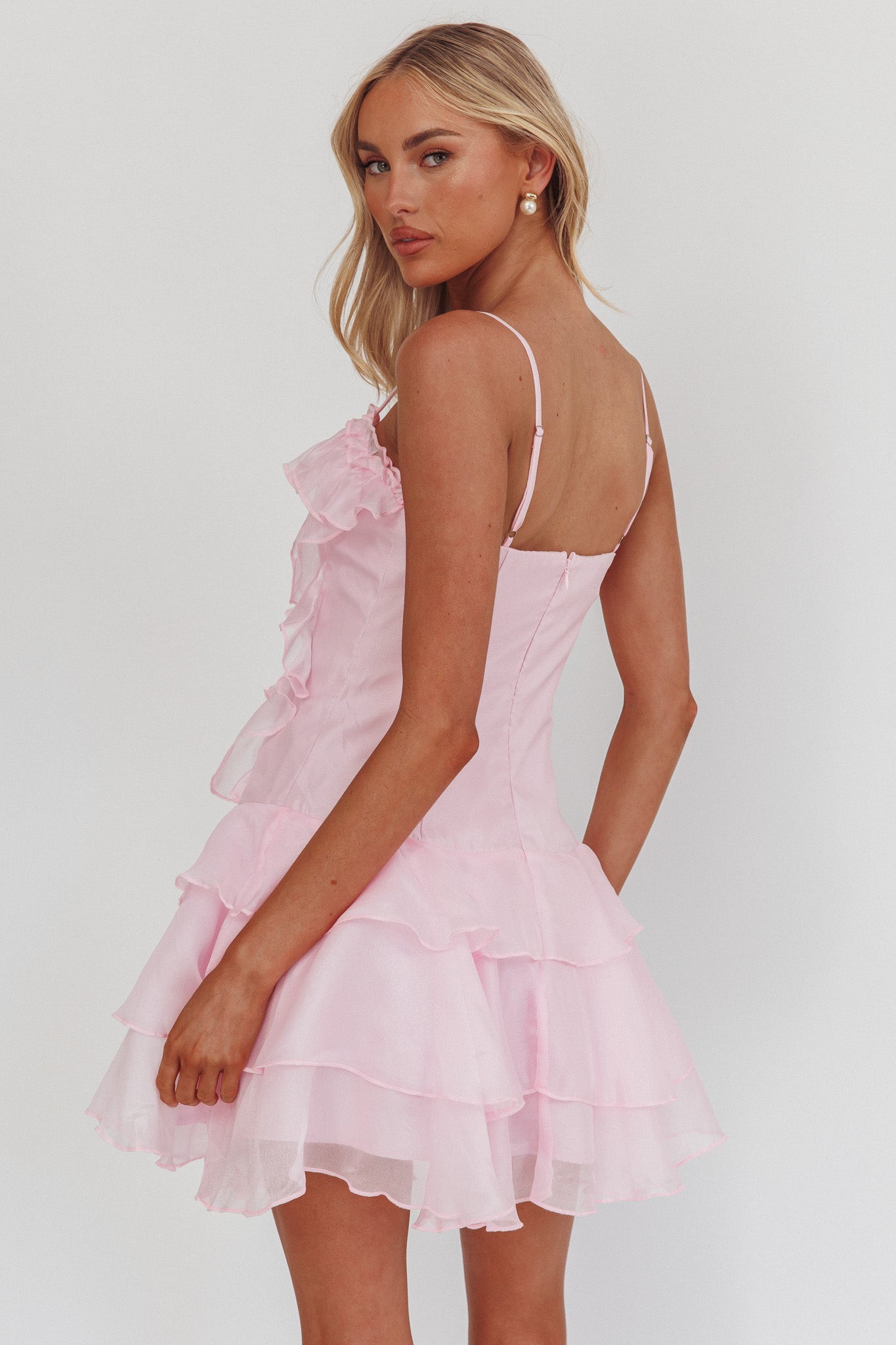 Sweetest Things Frill Trim Rosette Mini Dress Pink-Maymioy